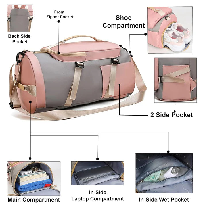 VMMPL Storite 25 CM Nylon Lightweight Waterproof Duffle Bag for Travel, Gym, Overnight & Weekend Use – Pink/Grey