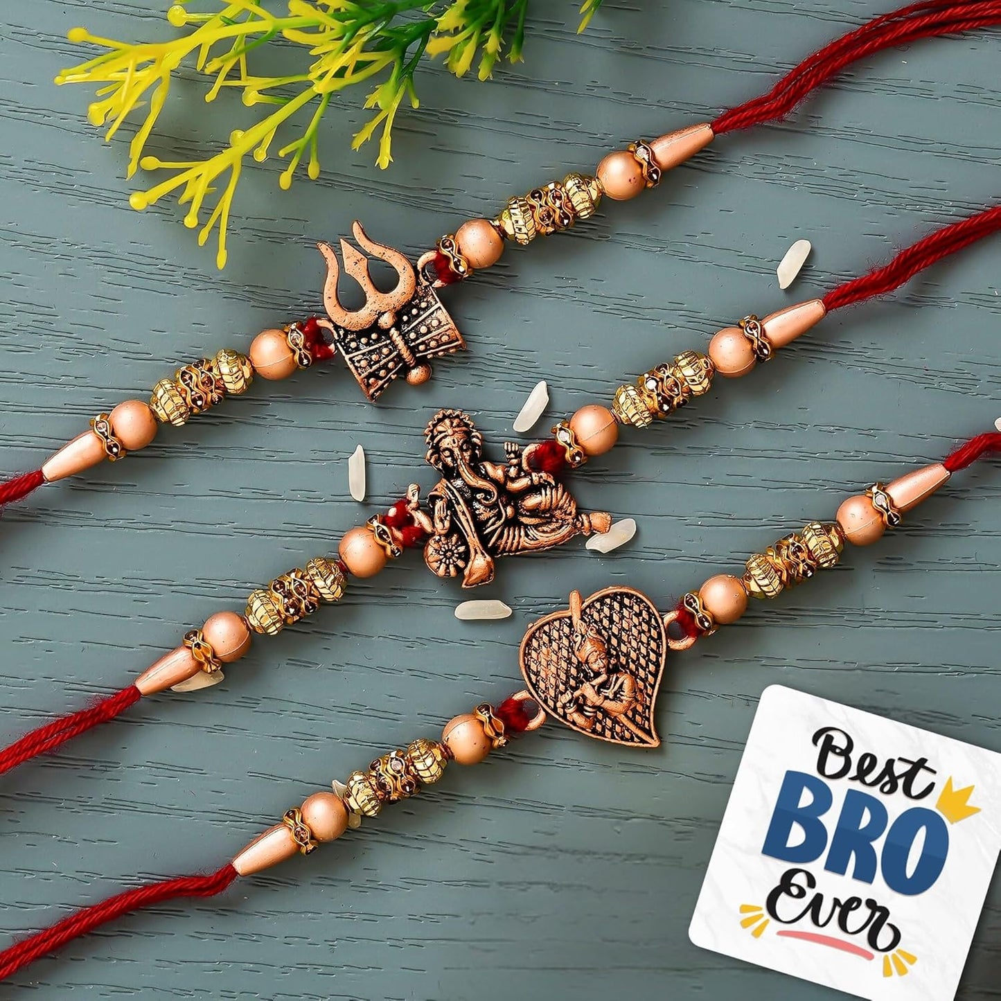 VMMPL Set of 3 Religious Designer Rakhis – Trishul with Damru, Lord Ganesha & Lord Krishna Flute Rakhi with Roli Chawal Pack & Best Bro Ever Fridge Magnet | Raksha Bandhan Gift Combo