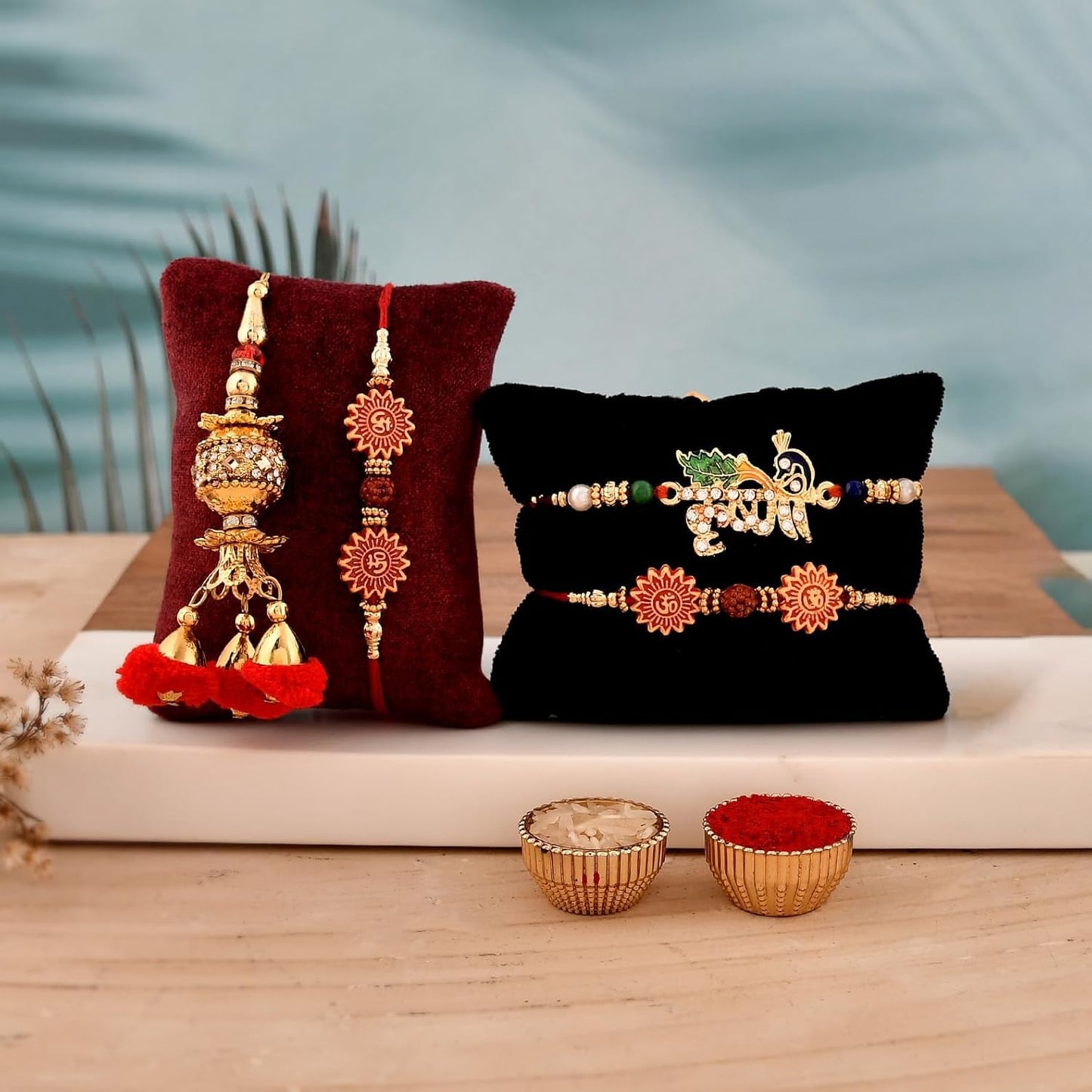 Collectible India Rakhi Gift for Brother Combo Set - Rakhi for Brother - Rakhi for Rakshabandhan Diya Gifts for Bhaiya Bhabhi- Akhand Crystal Diya Oil Lamp,Krishna Rakhi, Rudraksh Rakhi, Lumba Rakhi