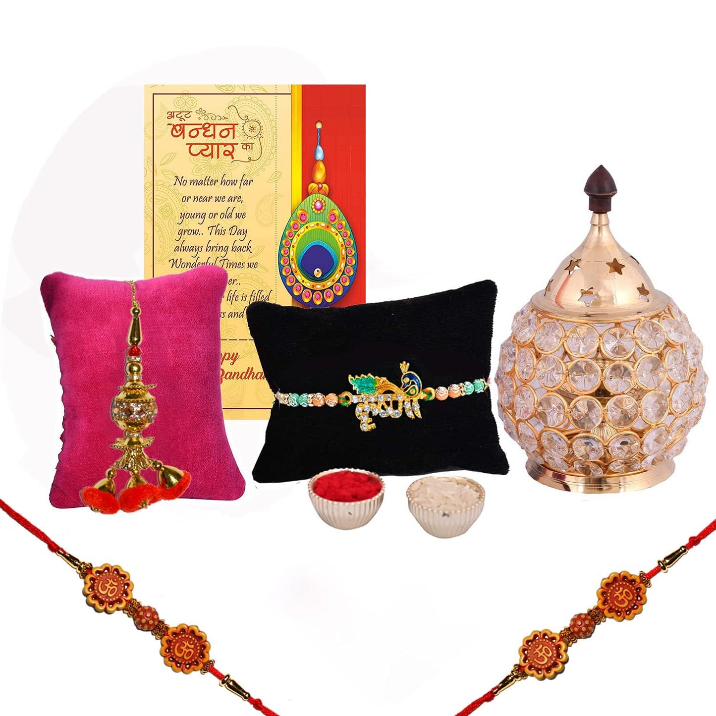 Collectible India Rakhi Gift for Brother Combo Set - Rakhi for Brother - Rakhi for Rakshabandhan Diya Gifts for Bhaiya Bhabhi- Akhand Crystal Diya Oil Lamp,Krishna Rakhi, Rudraksh Rakhi, Lumba Rakhi