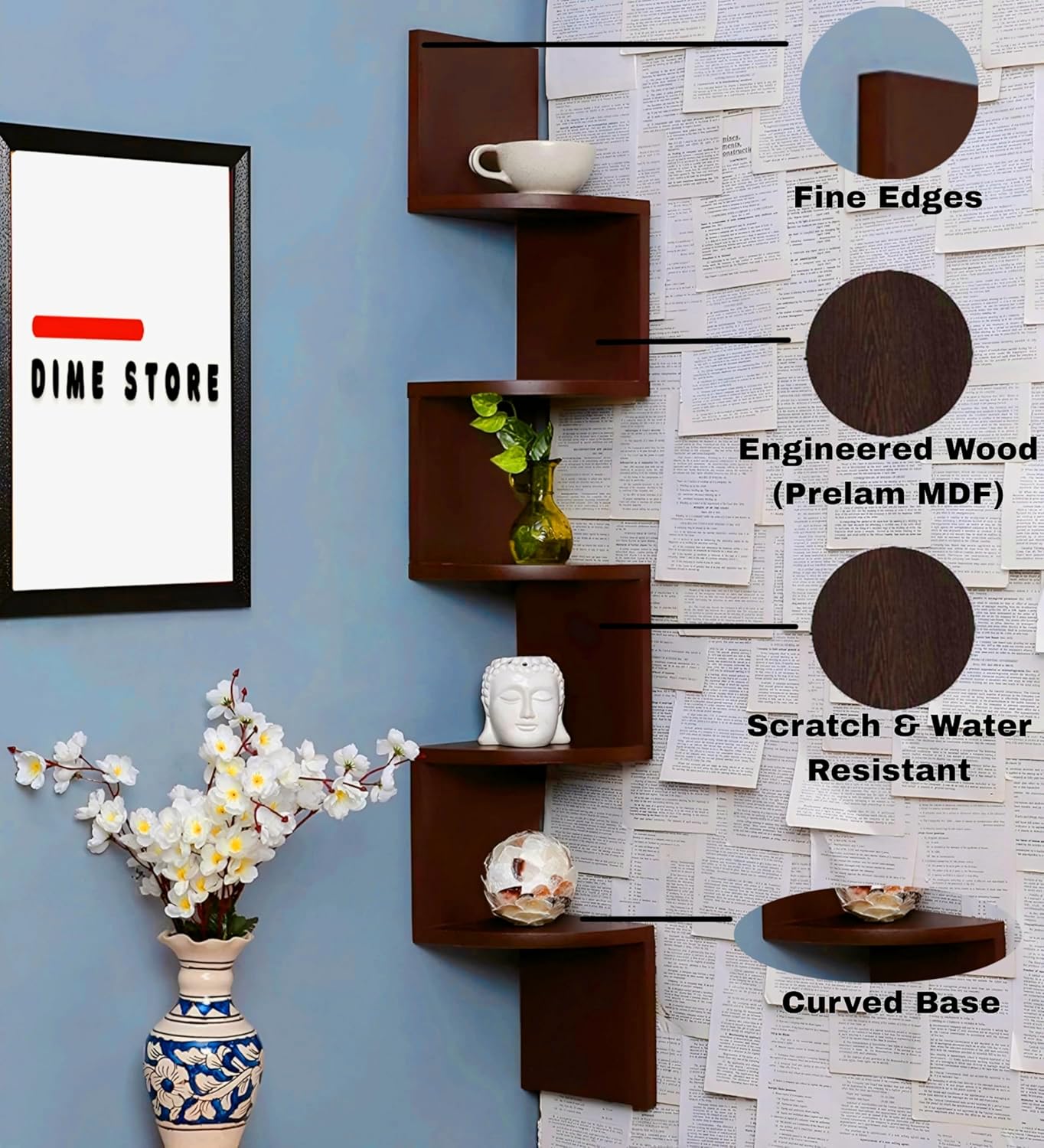 Dime Store Wooden Wall Shelves | Corner Wall Shelf | Hanging Corner Shelves for Living Room, Floating Wall Mounted Shelfs 5 Tier for Home Decoration Items