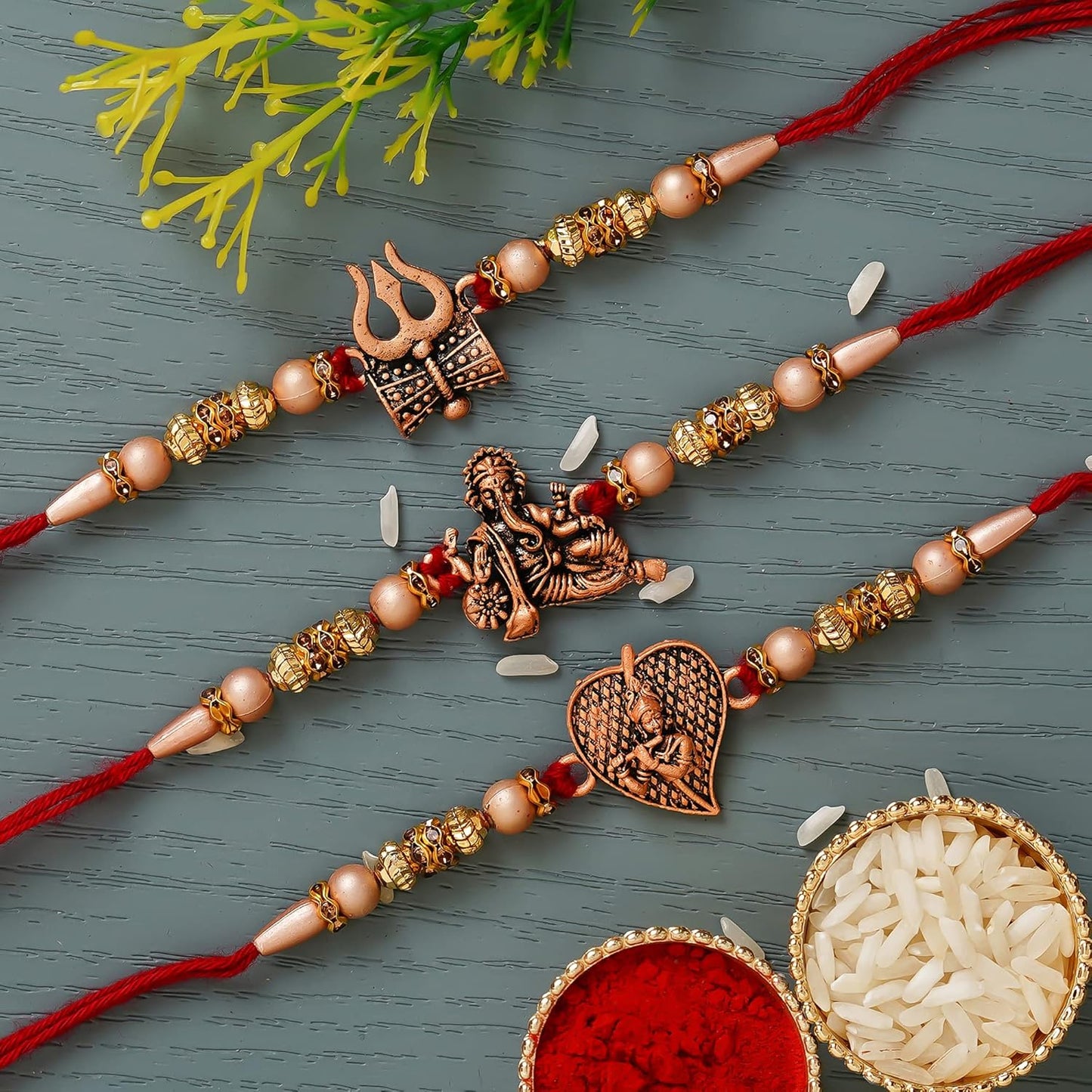 VMMPL Set of 3 Religious Designer Rakhis – Trishul with Damru, Lord Ganesha & Lord Krishna Flute Rakhi with Roli Chawal Pack & Best Bro Ever Fridge Magnet | Raksha Bandhan Gift Combo