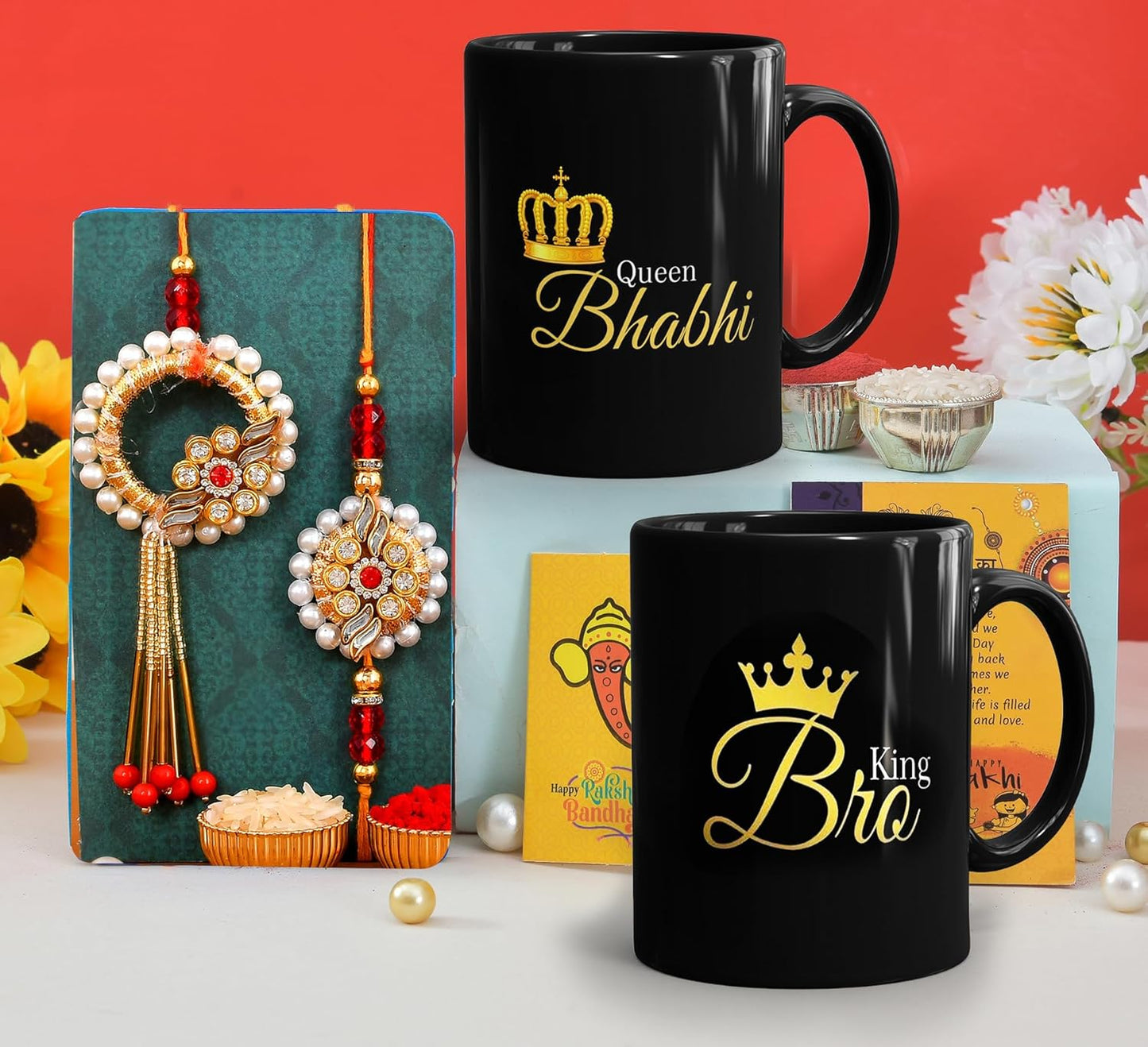 VMMPL Rakhi Gift Combo for Brother & Bhabhi – Set of 2 Kundan Rakhi with King Bhaiya & Queen Bhabhi Printed Mugs, Greeting Card – Rakshabandhan Special
