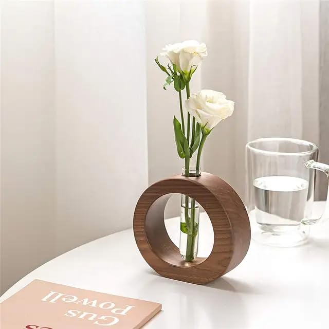 SJI Shoppee Wooden 1 Glass Test Tube Planter | Modern Flower Vase with Wood Stand | Tabletop Home Decor for Living Room, Bedroom, Office (Brown)