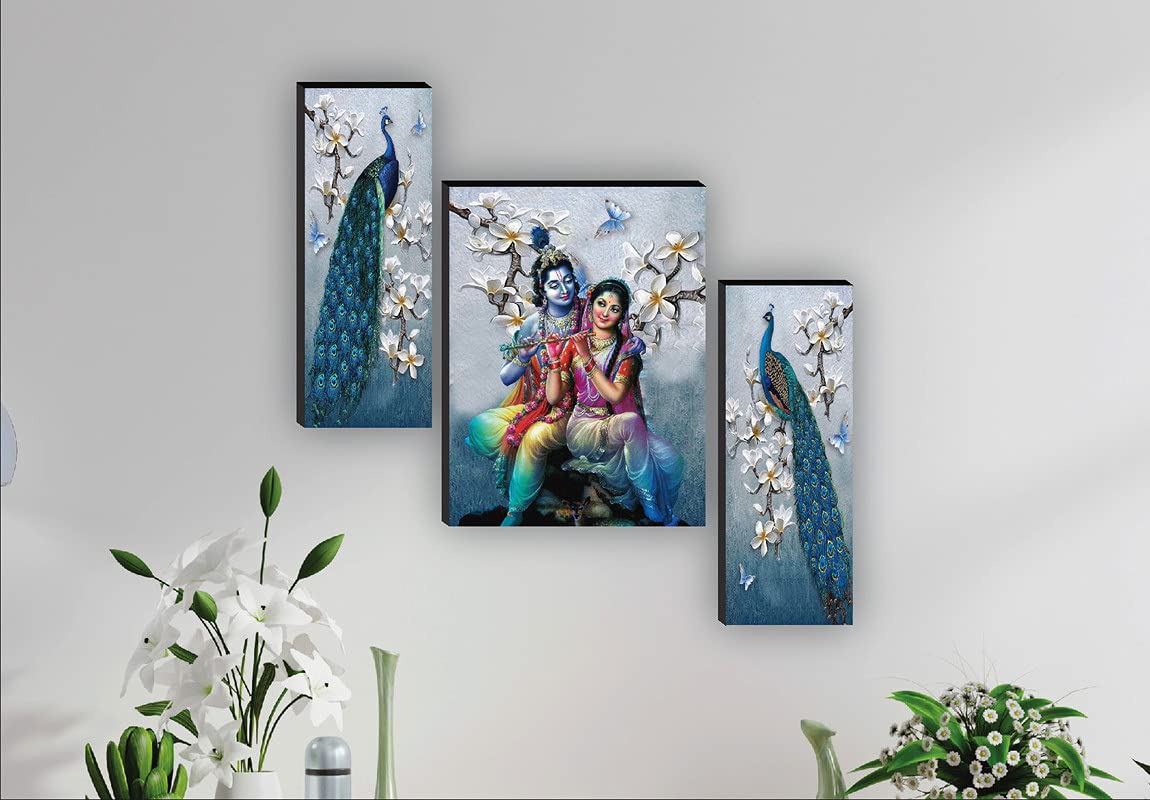 VMMPLRadha Krishna SET OF 3 with Couple Peacock UV Textured Wall Art | 12x18 Inch Self-Adhesive Home Decorative Paintings | SANFJM31078 (Multicolor)