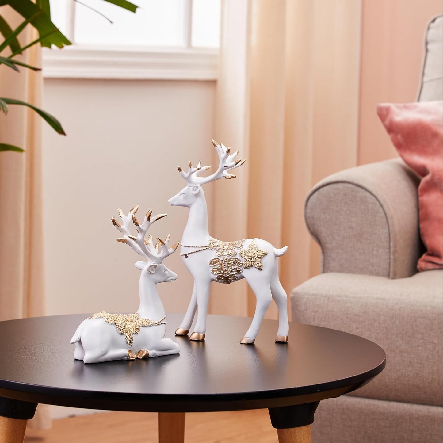 VMMPL Basics Creative Resin Golden & White Reindeer Sculptures | Elegant Home Decor Showpiece for Living Room, Bedroom, Office | Pack of 2 (Glossy Finish)