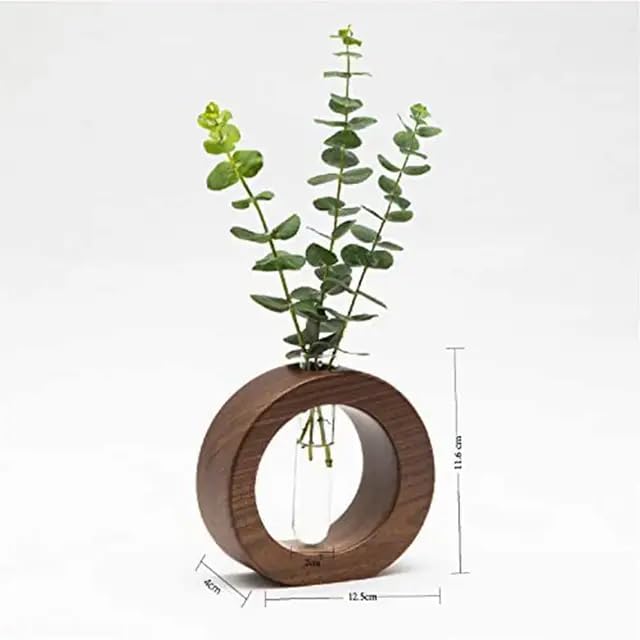 SJI Shoppee Wooden 1 Glass Test Tube Planter | Modern Flower Vase with Wood Stand | Tabletop Home Decor for Living Room, Bedroom, Office (Brown)