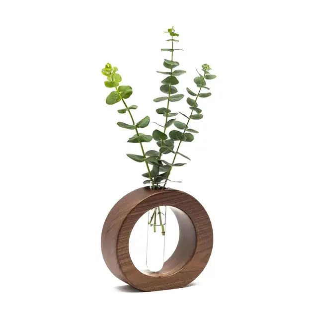 SJI Shoppee Wooden 1 Glass Test Tube Planter | Modern Flower Vase with Wood Stand | Tabletop Home Decor for Living Room, Bedroom, Office (Brown)