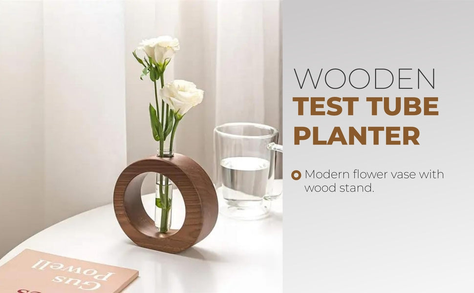 SJI Shoppee Wooden 1 Glass Test Tube Planter | Modern Flower Vase with Wood Stand | Tabletop Home Decor for Living Room, Bedroom, Office (Brown)
