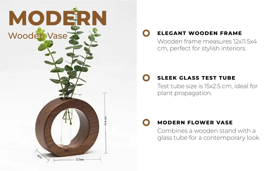 SJI Shoppee Wooden 1 Glass Test Tube Planter | Modern Flower Vase with Wood Stand | Tabletop Home Decor for Living Room, Bedroom, Office (Brown)