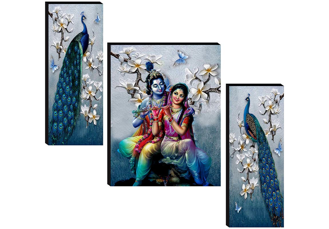 VMMPLRadha Krishna SET OF 3 with Couple Peacock UV Textured Wall Art | 12x18 Inch Self-Adhesive Home Decorative Paintings | SANFJM31078 (Multicolor)