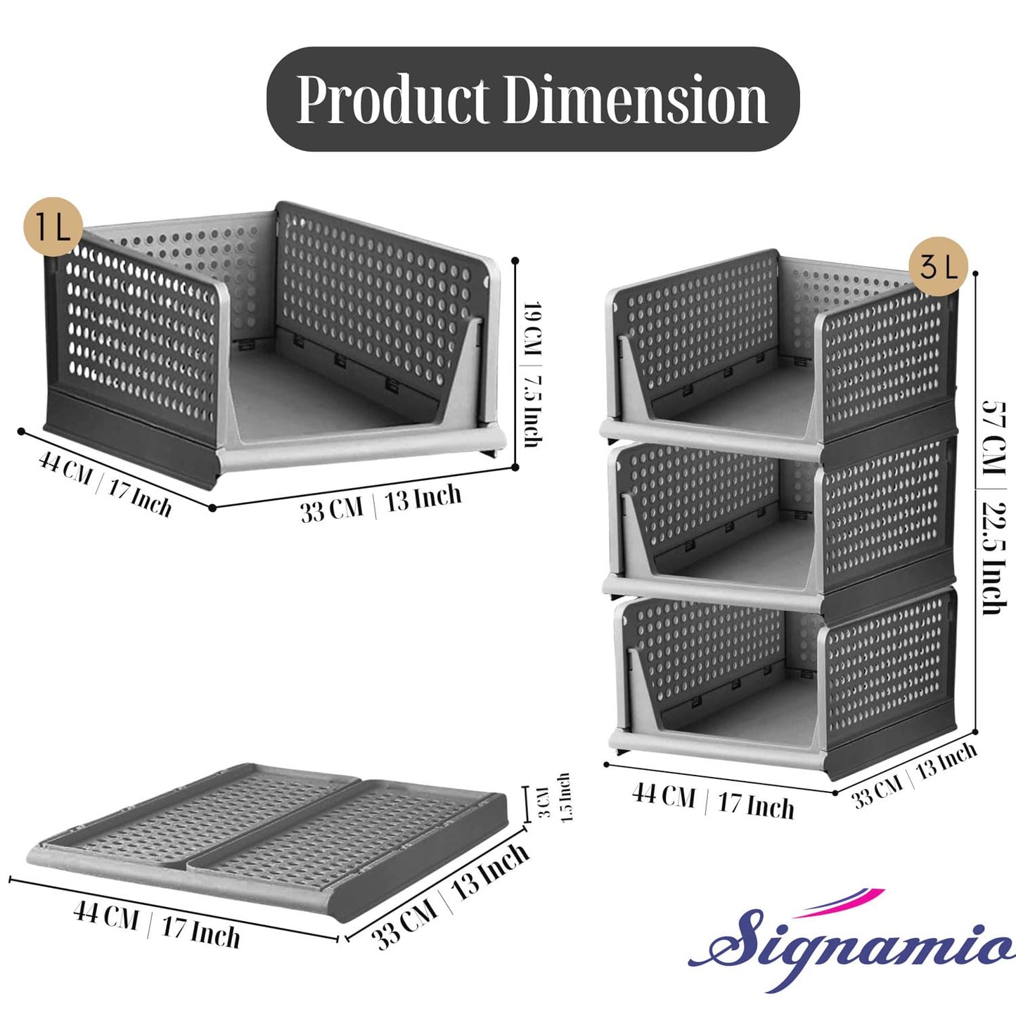 Foldable Wardrobe Organizer for Clothes Storage (Grey, Pack of 3)