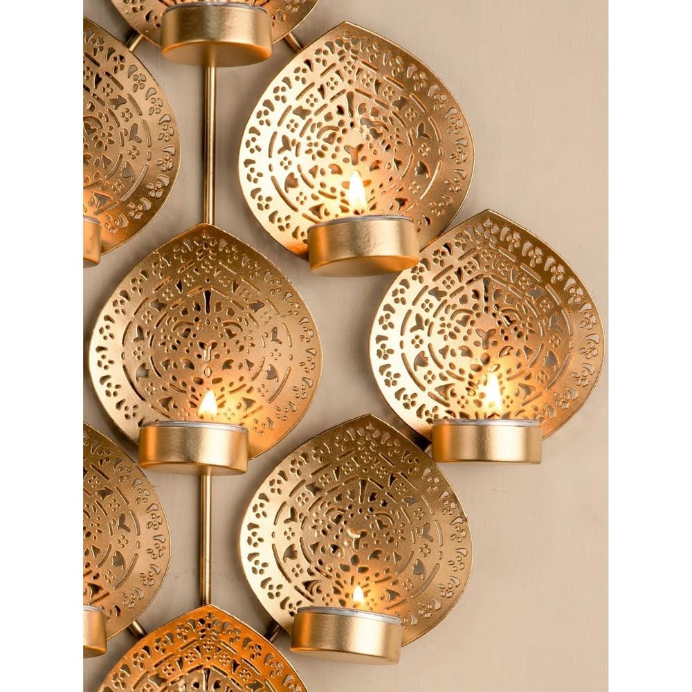 Golden Leaf Metal Tealight Holder – 9 Candle Wall Hanging for Home Decor