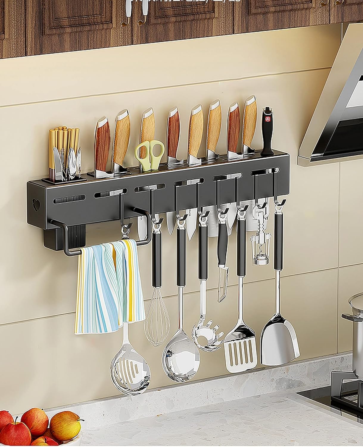 Wolpin Stainless Steel Kitchen Shelf Wall Mount with Knife Holder, Towel Hanger, Spatula Hooks & Cutlery Storage Rack (Black, 40 X 5.5 X 7.4 cm)