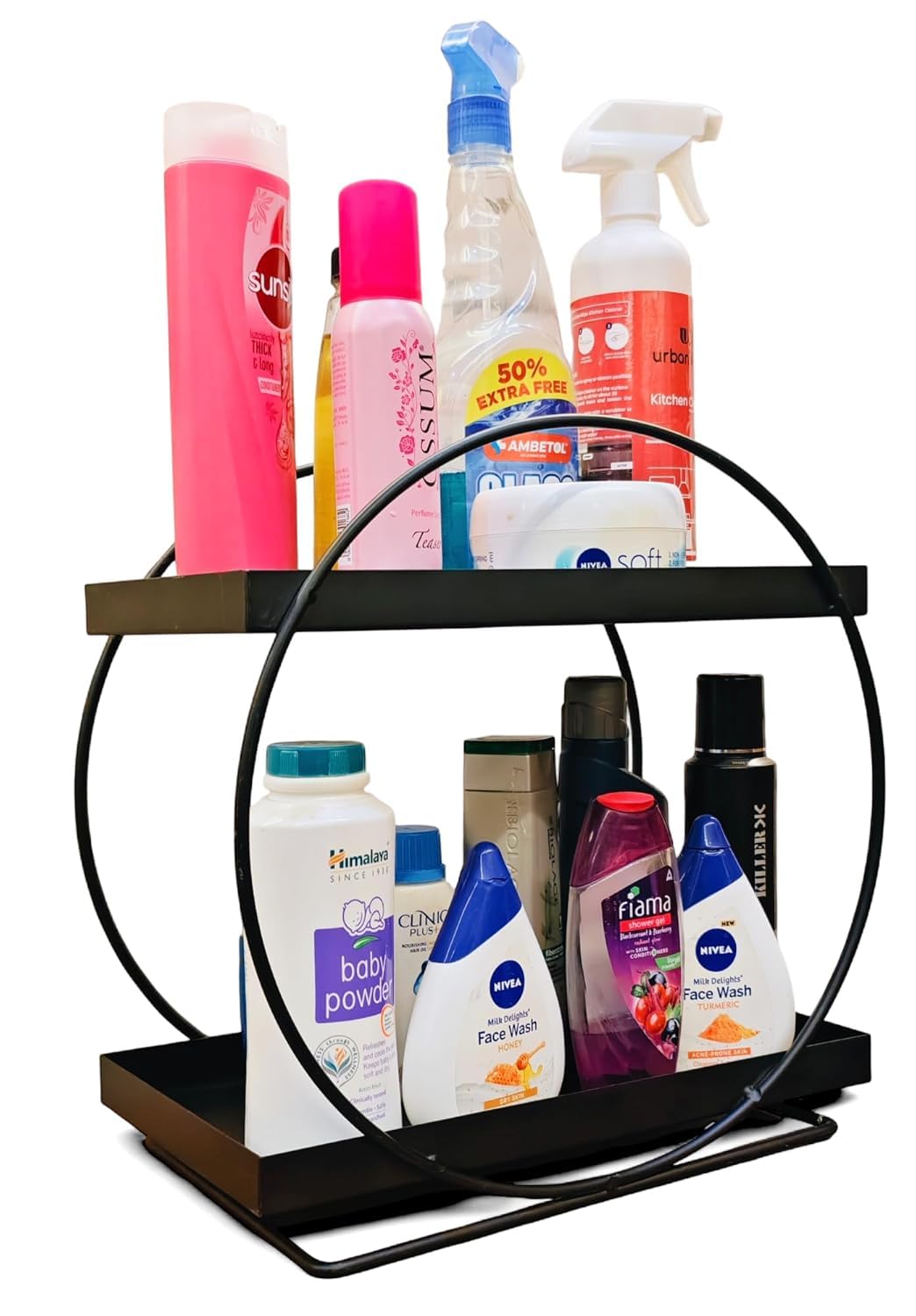 12FOR COLLECTION 2-Tier Metal Organizer | Freestanding Countertop Storage Rack for Kitchen, Bathroom, Office (Black)
