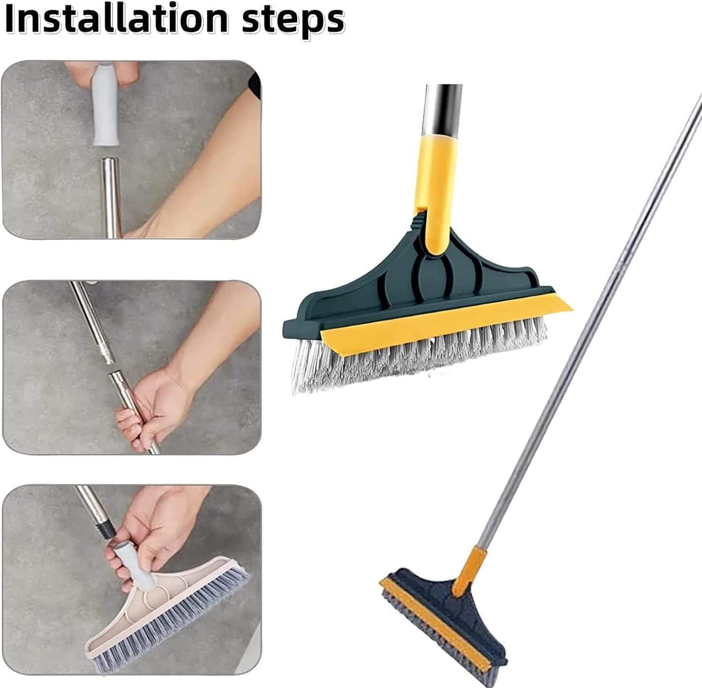 2-in-1 Floor Scrub Brush with Wiper | Long Handle Bathroom Cleaning Brush with 120° Rotating Head (Purple)