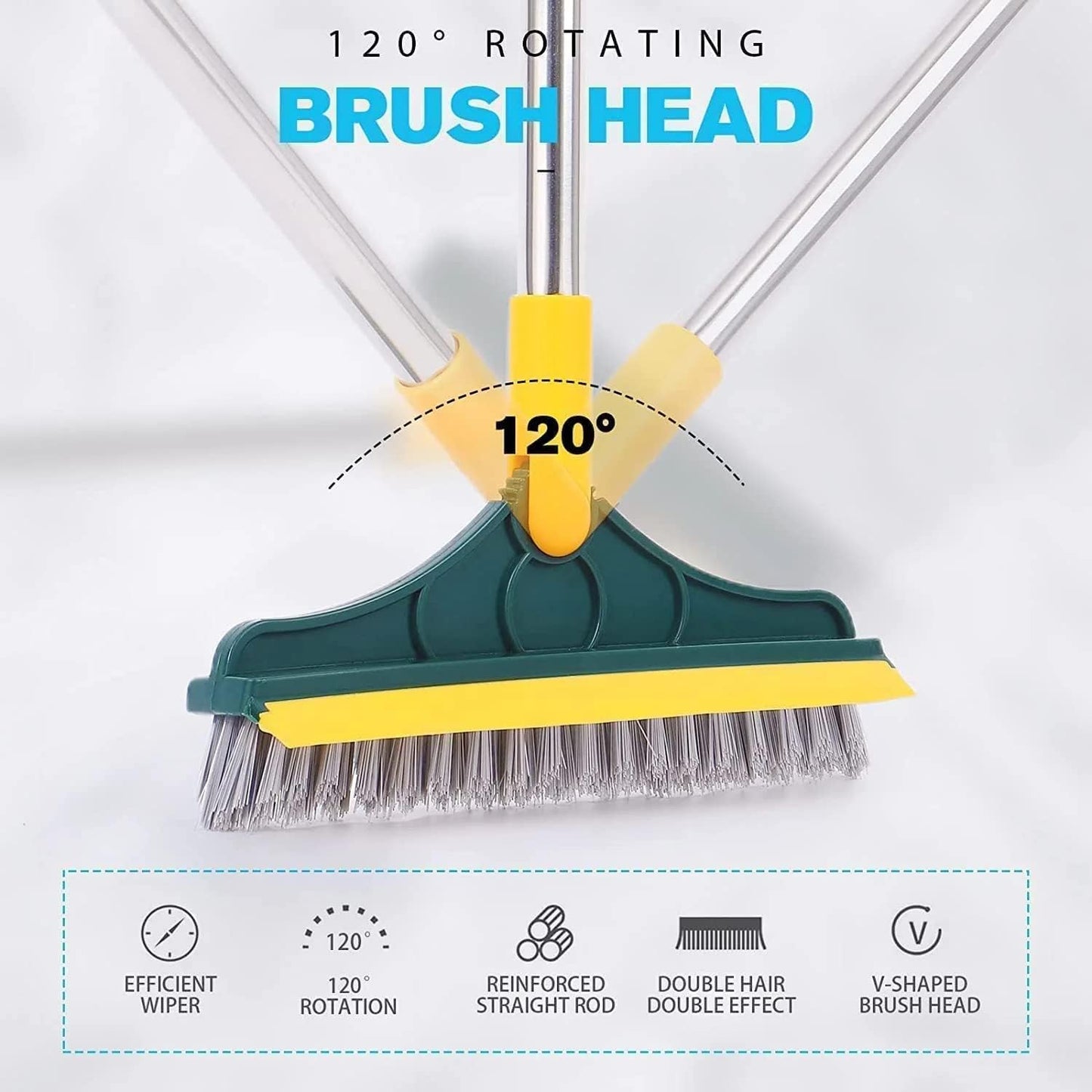 2-in-1 Floor Scrub Brush with Wiper | Long Handle Bathroom Cleaning Brush with 120° Rotating Head (Purple)