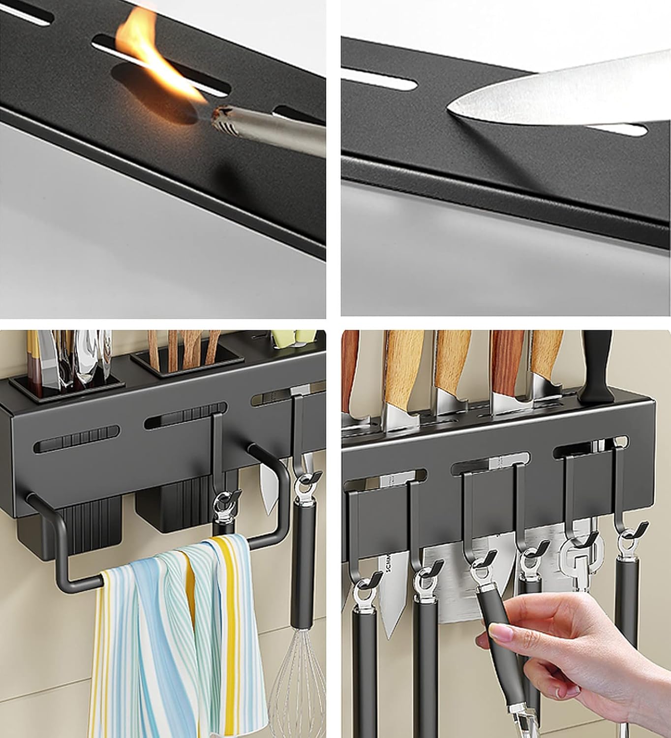 Wolpin Stainless Steel Kitchen Shelf Wall Mount with Knife Holder, Towel Hanger, Spatula Hooks & Cutlery Storage Rack (Black, 40 X 5.5 X 7.4 cm)
