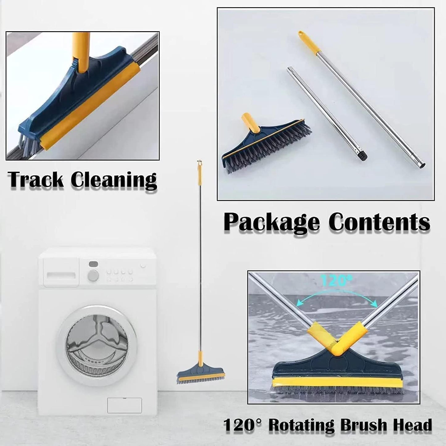 2-in-1 Floor Scrub Brush with Wiper | Long Handle Bathroom Cleaning Brush with 120° Rotating Head (Purple)