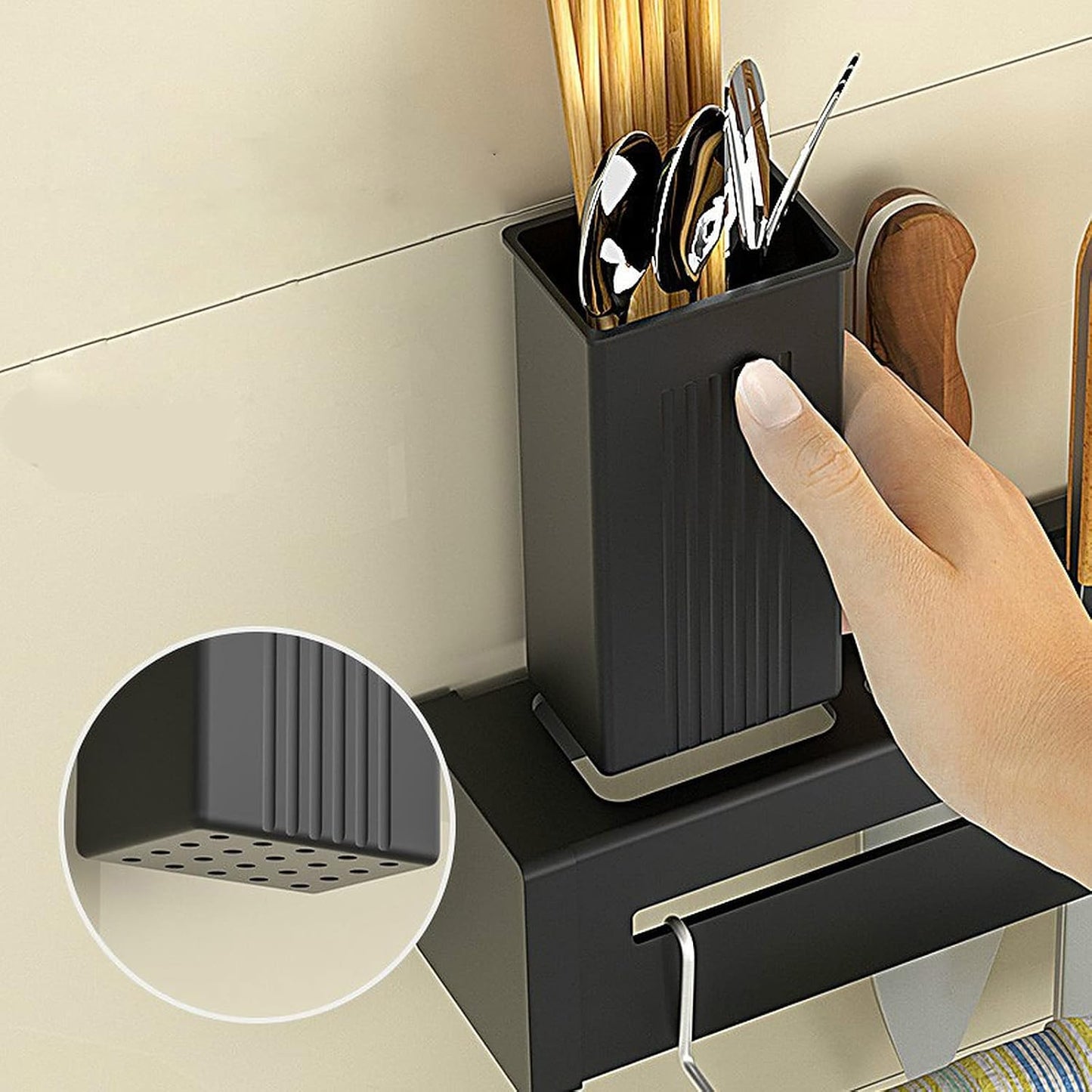 Wolpin Stainless Steel Kitchen Shelf Wall Mount with Knife Holder, Towel Hanger, Spatula Hooks & Cutlery Storage Rack (Black, 40 X 5.5 X 7.4 cm)