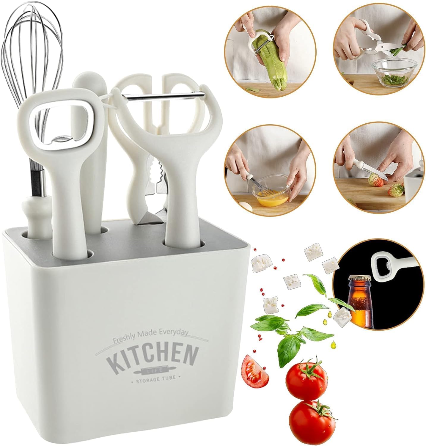 6-Piece Stainless Steel Kitchen Gadgets Set with Holder | Kitchen Scissors, Paring Knife, Whisk, Peeler & Bottle Opener | Anti-Slip Handle | Decorative White Base