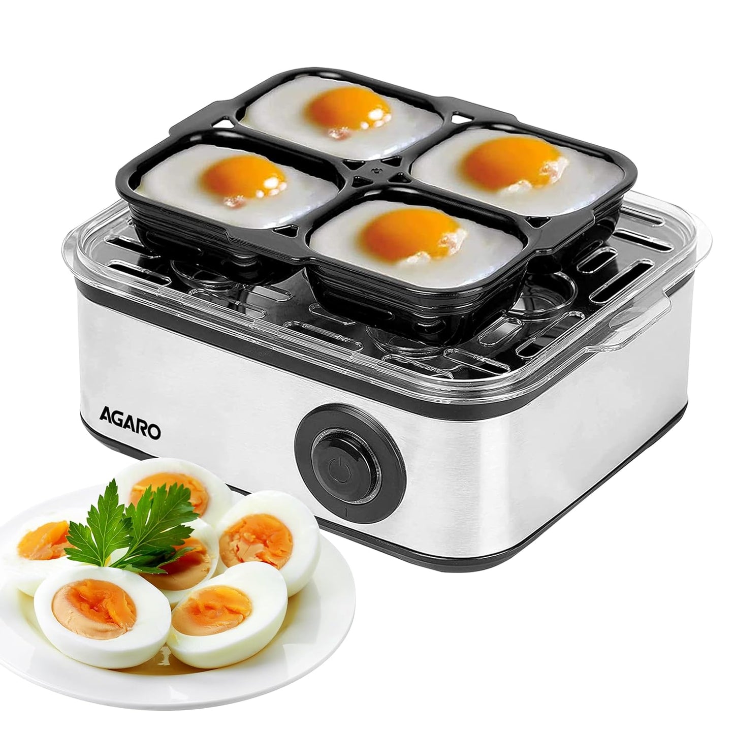 AGARO Grand Egg Boiler and Poacher – 2-in-1 Multifunctional Egg Cooker & Vegetable Steamer | 500W Stainless Steel Body, Boils 8 Eggs, Poaches 4 Eggs, 3 Boiling Modes, Transparent Lid, Silver Finish