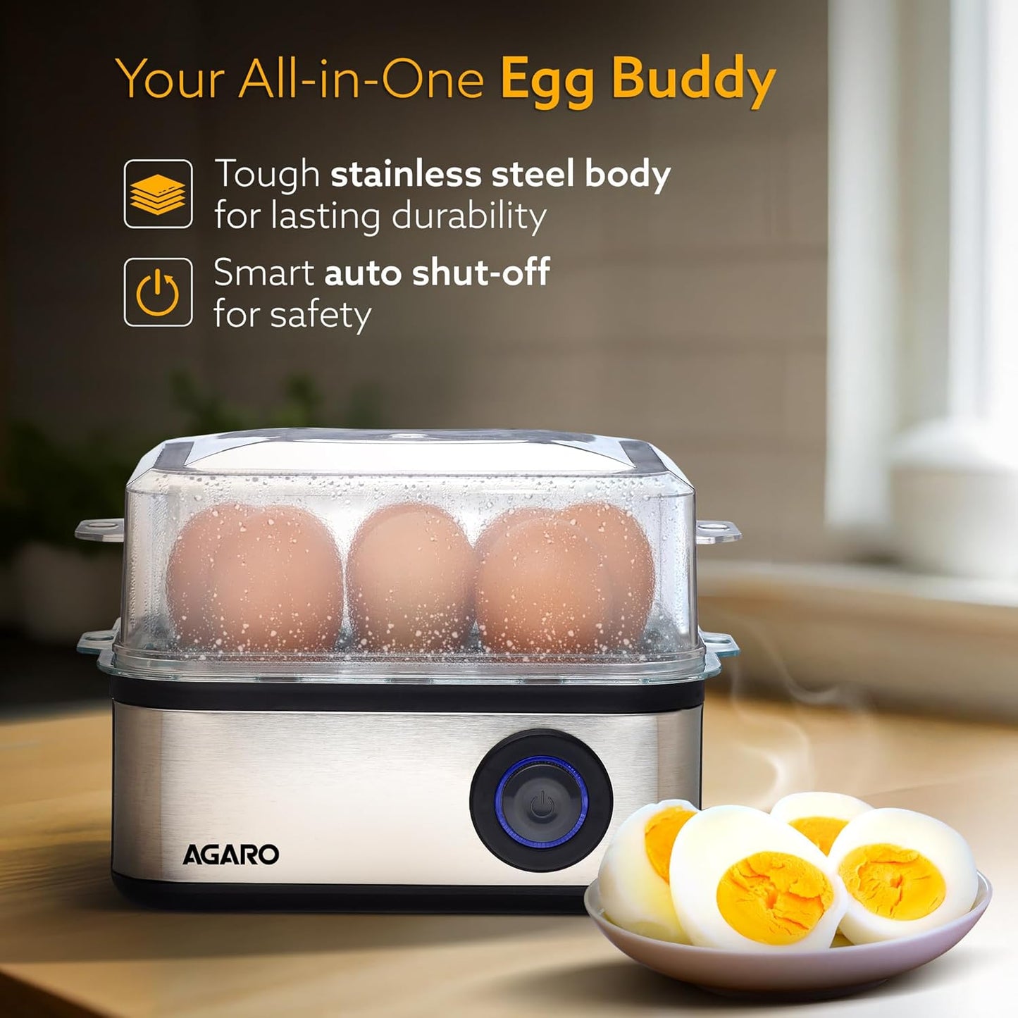AGARO Grand Egg Boiler and Poacher – 2-in-1 Multifunctional Egg Cooker & Vegetable Steamer | 500W Stainless Steel Body, Boils 8 Eggs, Poaches 4 Eggs, 3 Boiling Modes, Transparent Lid, Silver Finish