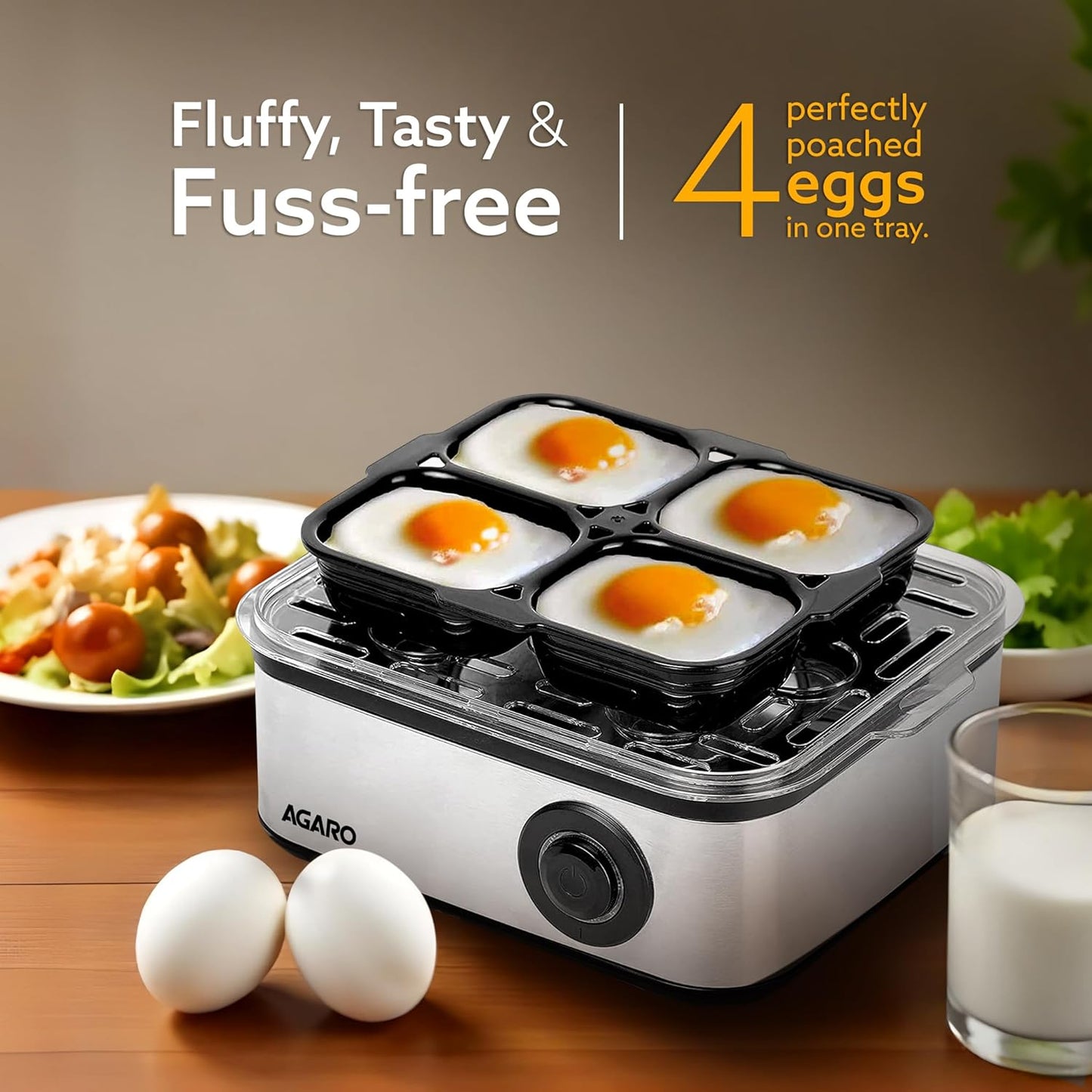AGARO Grand Egg Boiler and Poacher – 2-in-1 Multifunctional Egg Cooker & Vegetable Steamer | 500W Stainless Steel Body, Boils 8 Eggs, Poaches 4 Eggs, 3 Boiling Modes, Transparent Lid, Silver Finish
