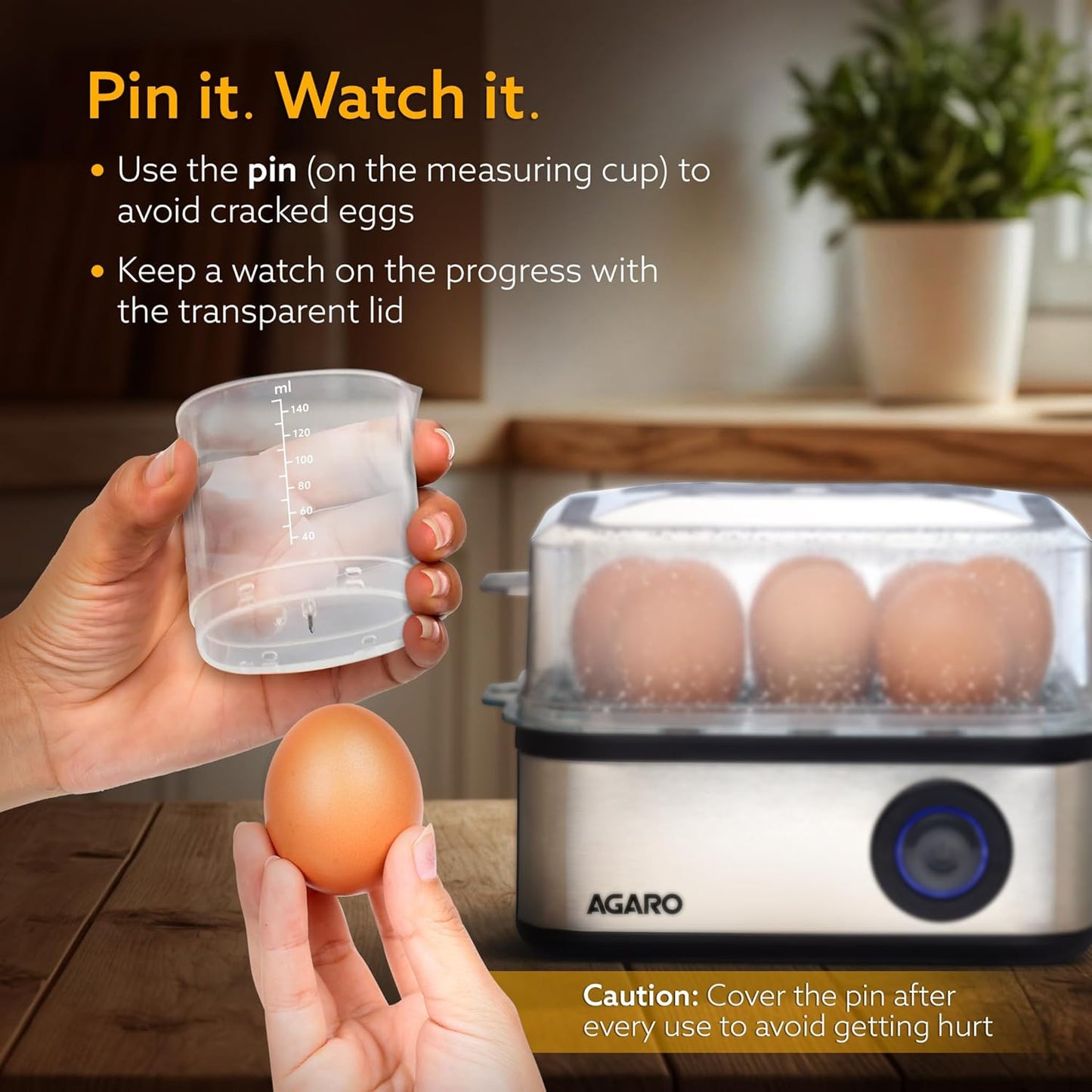 AGARO Grand Egg Boiler and Poacher – 2-in-1 Multifunctional Egg Cooker & Vegetable Steamer | 500W Stainless Steel Body, Boils 8 Eggs, Poaches 4 Eggs, 3 Boiling Modes, Transparent Lid, Silver Finish
