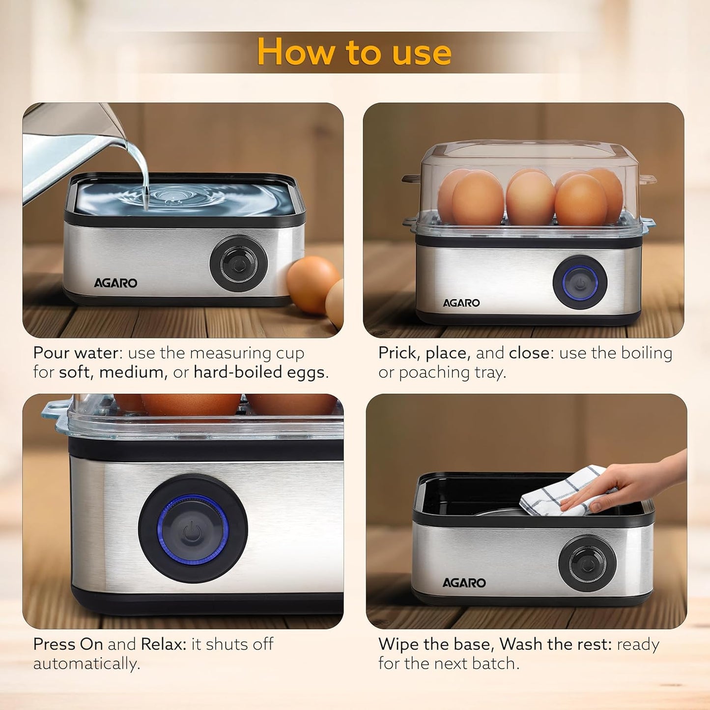 AGARO Grand Egg Boiler and Poacher – 2-in-1 Multifunctional Egg Cooker & Vegetable Steamer | 500W Stainless Steel Body, Boils 8 Eggs, Poaches 4 Eggs, 3 Boiling Modes, Transparent Lid, Silver Finish