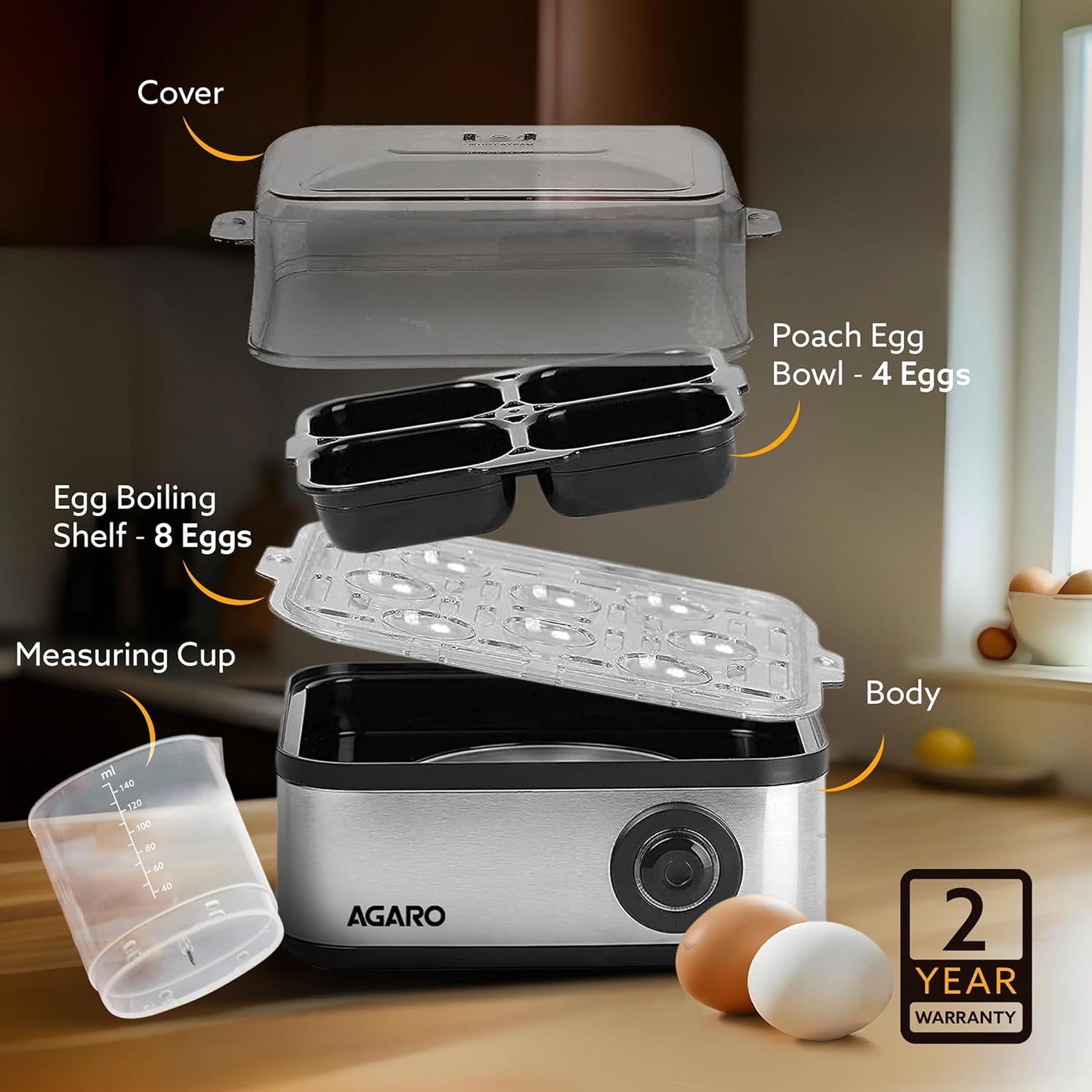 AGARO Grand Egg Boiler and Poacher – 2-in-1 Multifunctional Egg Cooker & Vegetable Steamer | 500W Stainless Steel Body, Boils 8 Eggs, Poaches 4 Eggs, 3 Boiling Modes, Transparent Lid, Silver Finish