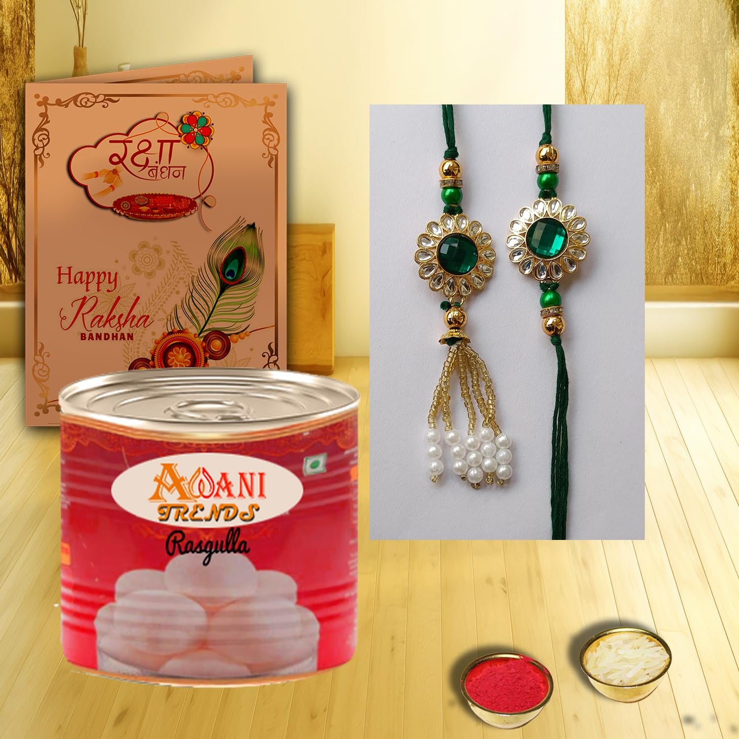 Rakhis for Brother and Bhabhi Combo with Rasgulla | Designer Rakhi & Lumba with Roli Chawal, Greeting Card – Raksha Bandhan Gift Pack