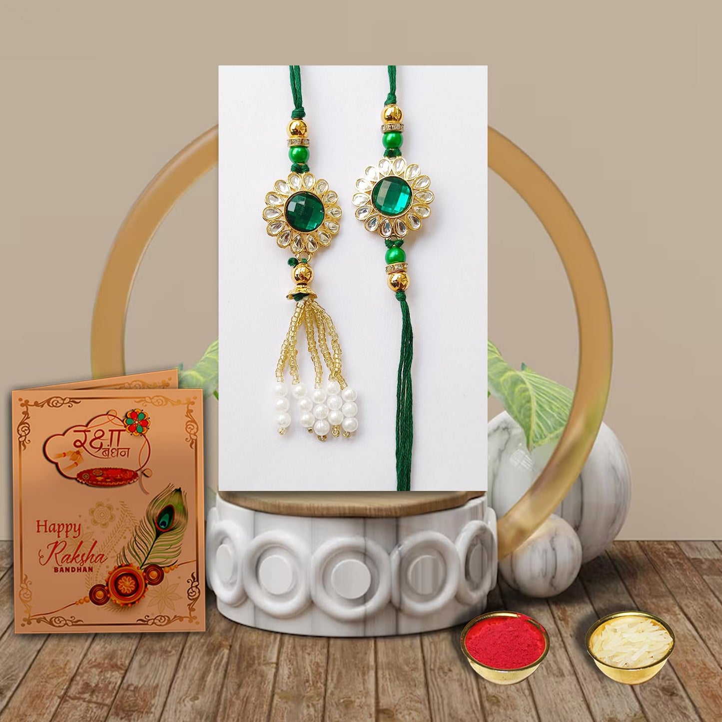 Rakhis for Brother and Bhabhi Combo with Rasgulla | Designer Rakhi & Lumba with Roli Chawal, Greeting Card – Raksha Bandhan Gift Pack