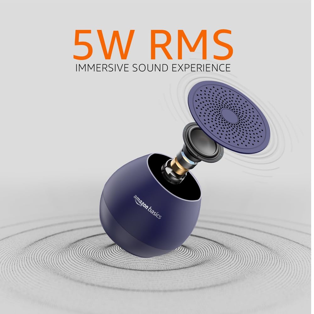Basics 5W Mini Bluetooth Speaker with 30Hrs Playtime, TWS, Powerful Bass, BT 5.0, MicroSD/USB, IPX5 Waterproof (Blue)