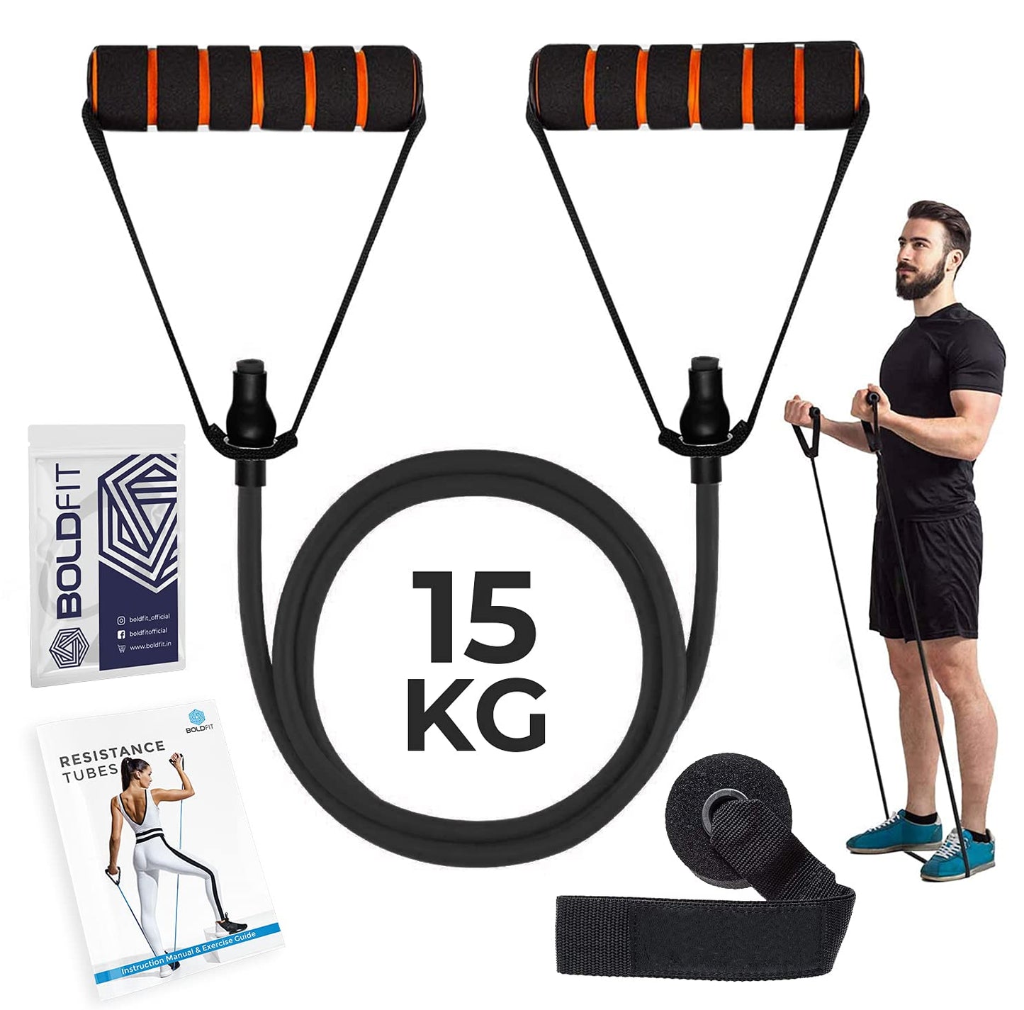 Boldfit Resistance Tube with Foam Handles & Door Anchor | 15kg Black | Home & Gym Workout Equipment for Men & Women | Natural Rubber Resistance Band for Exercise, Stretching & Fitness