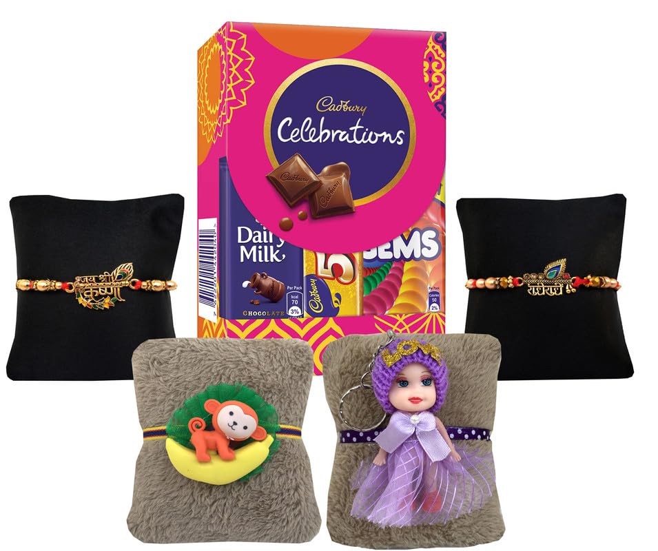 VMMPL Rakhi Gift Combo for Brother, Bhabhi & Kids – Set of 4 Rakhis with Celebrations Chocolate – Design 2 (400g)