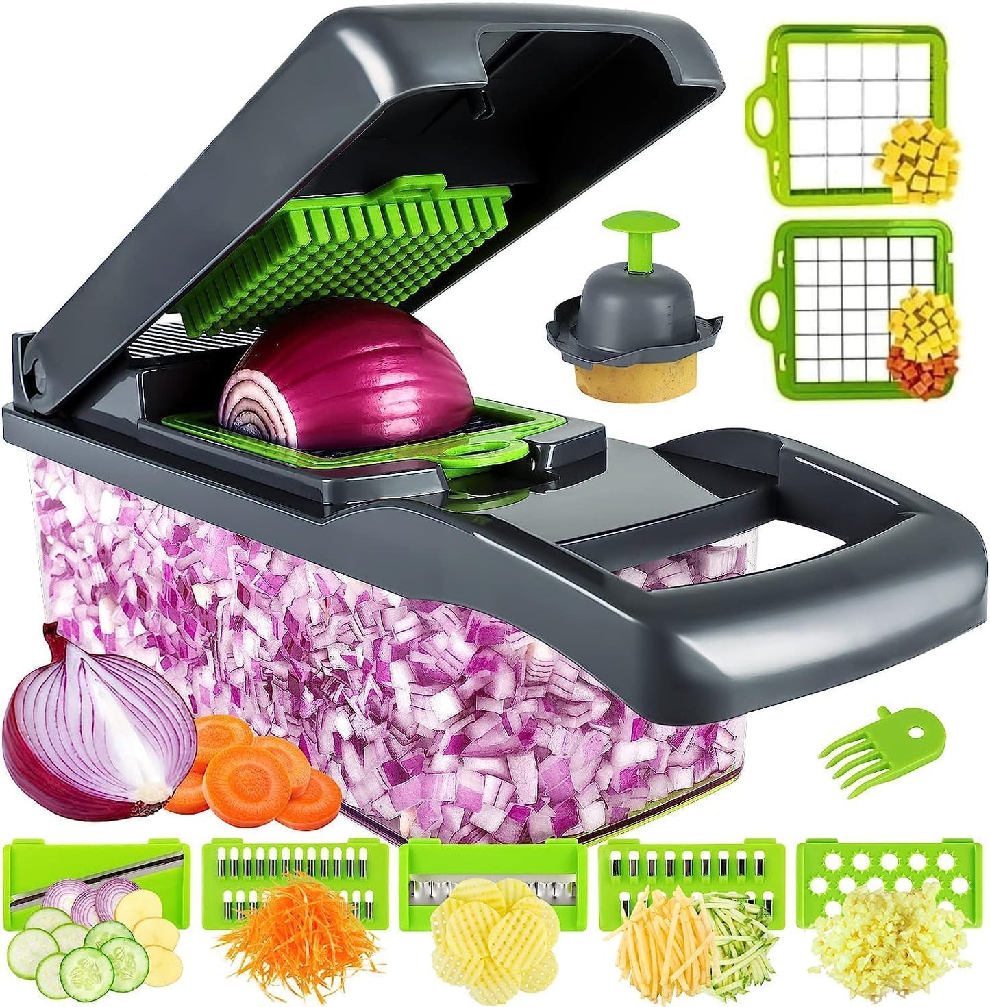 14 in 1 Multipurpose Chopper Fruits & Vegetable Cutters, Grater Peeler Chipser Unbreakable Food Grade Body Easy Push to Clean Button Slicer Dicer Chopper for Kitchen Mandoline Slicer Cutter