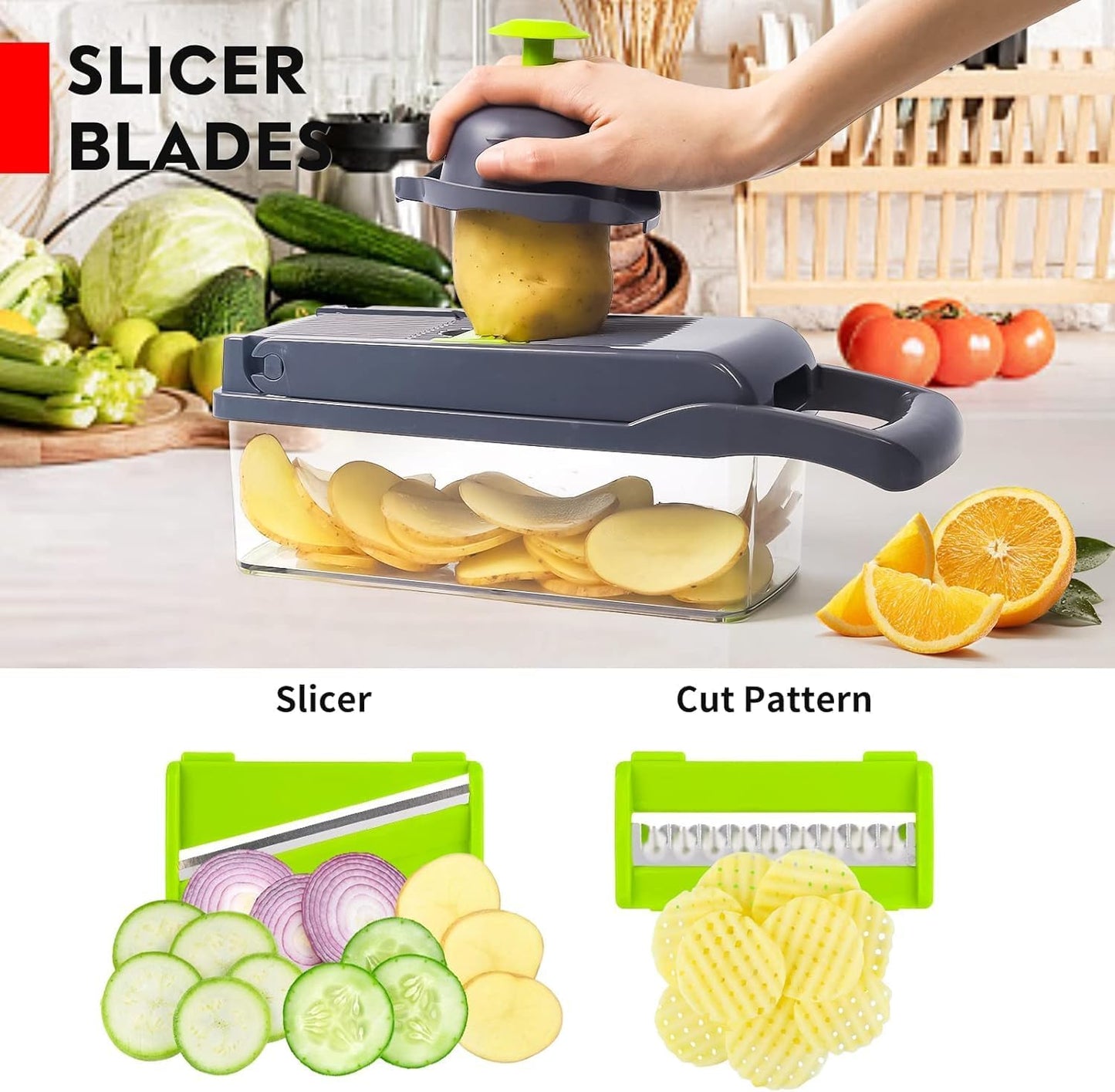 14 in 1 Multipurpose Chopper Fruits & Vegetable Cutters, Grater Peeler Chipser Unbreakable Food Grade Body Easy Push to Clean Button Slicer Dicer Chopper for Kitchen Mandoline Slicer Cutter