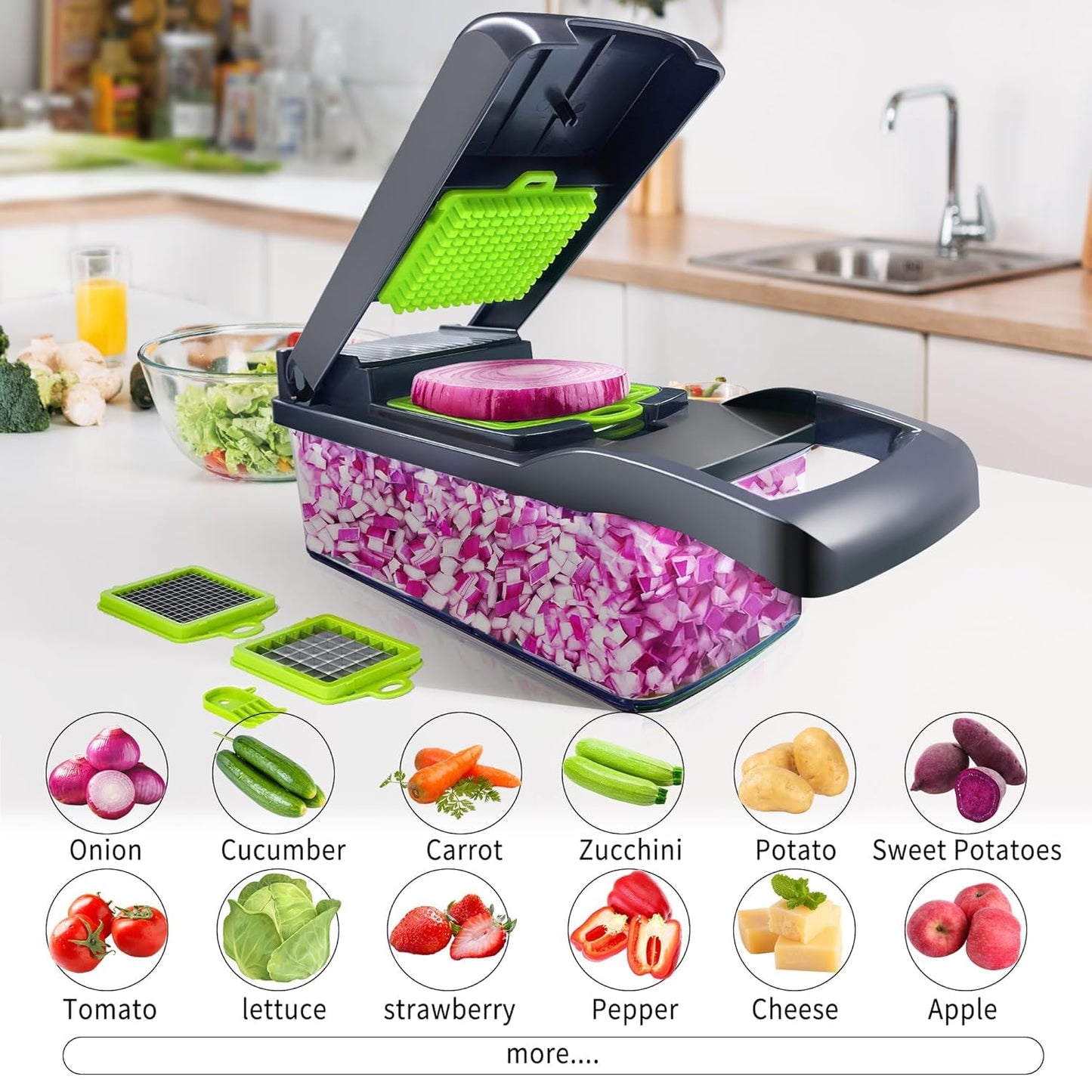 14 in 1 Multipurpose Chopper Fruits & Vegetable Cutters, Grater Peeler Chipser Unbreakable Food Grade Body Easy Push to Clean Button Slicer Dicer Chopper for Kitchen Mandoline Slicer Cutter