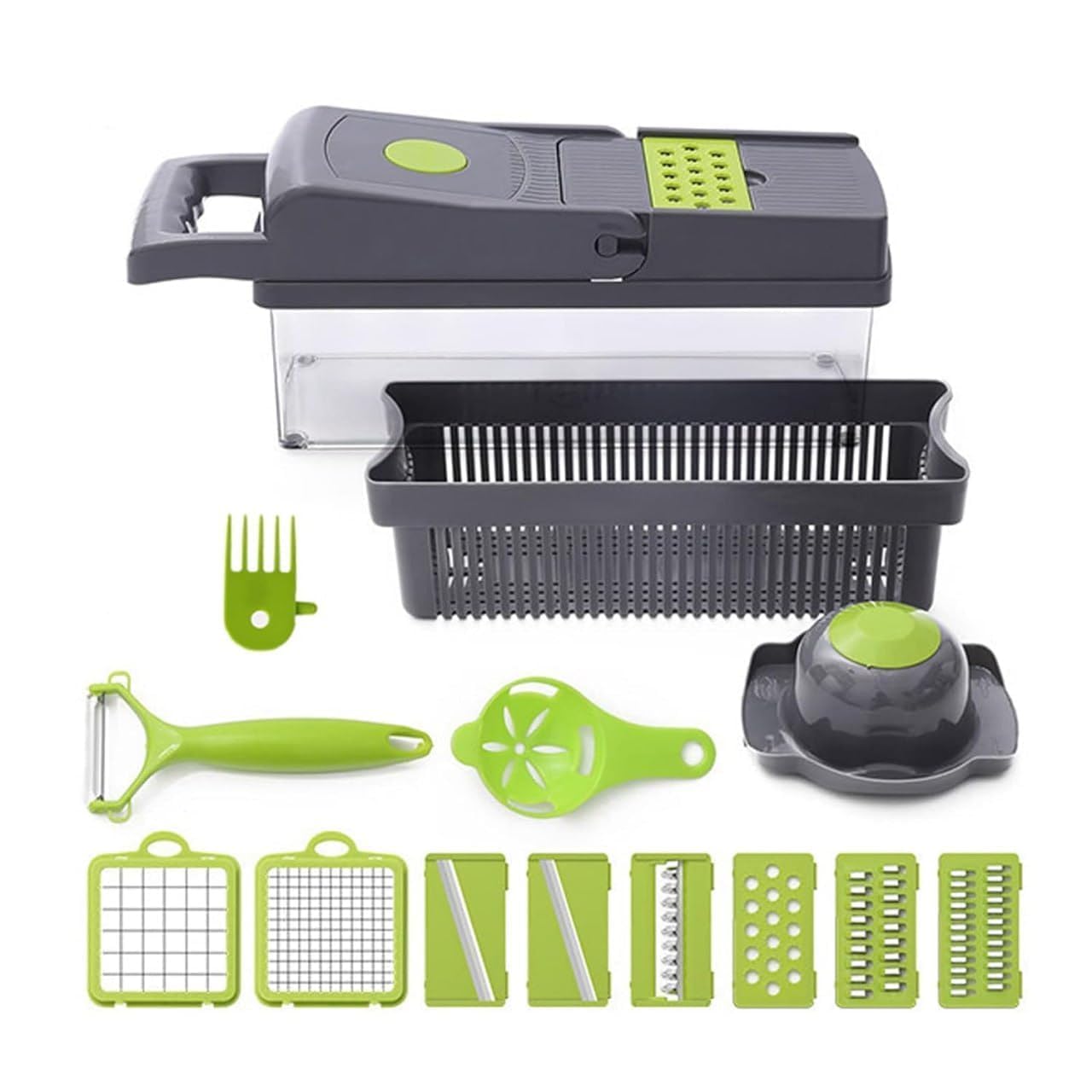14 in 1 Multipurpose Chopper Fruits & Vegetable Cutters, Grater Peeler Chipser Unbreakable Food Grade Body Easy Push to Clean Button Slicer Dicer Chopper for Kitchen Mandoline Slicer Cutter