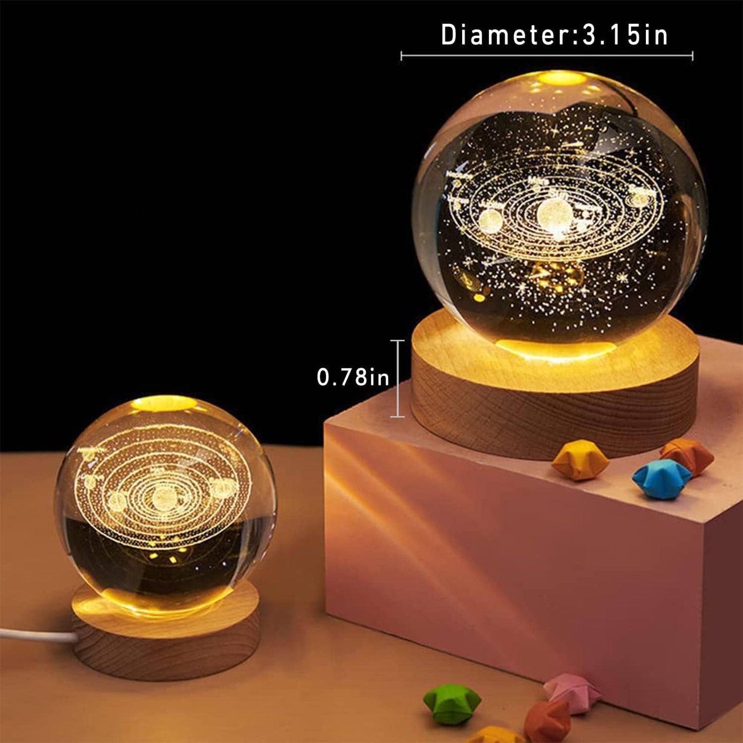 Desidiya Universe Crystal Ball Night Light,2.4 Inch Glass Ball Night LED Lamp with Woodern Base,Decorations Gifts for Men,Women,Kids,Boys,Girls,Teens