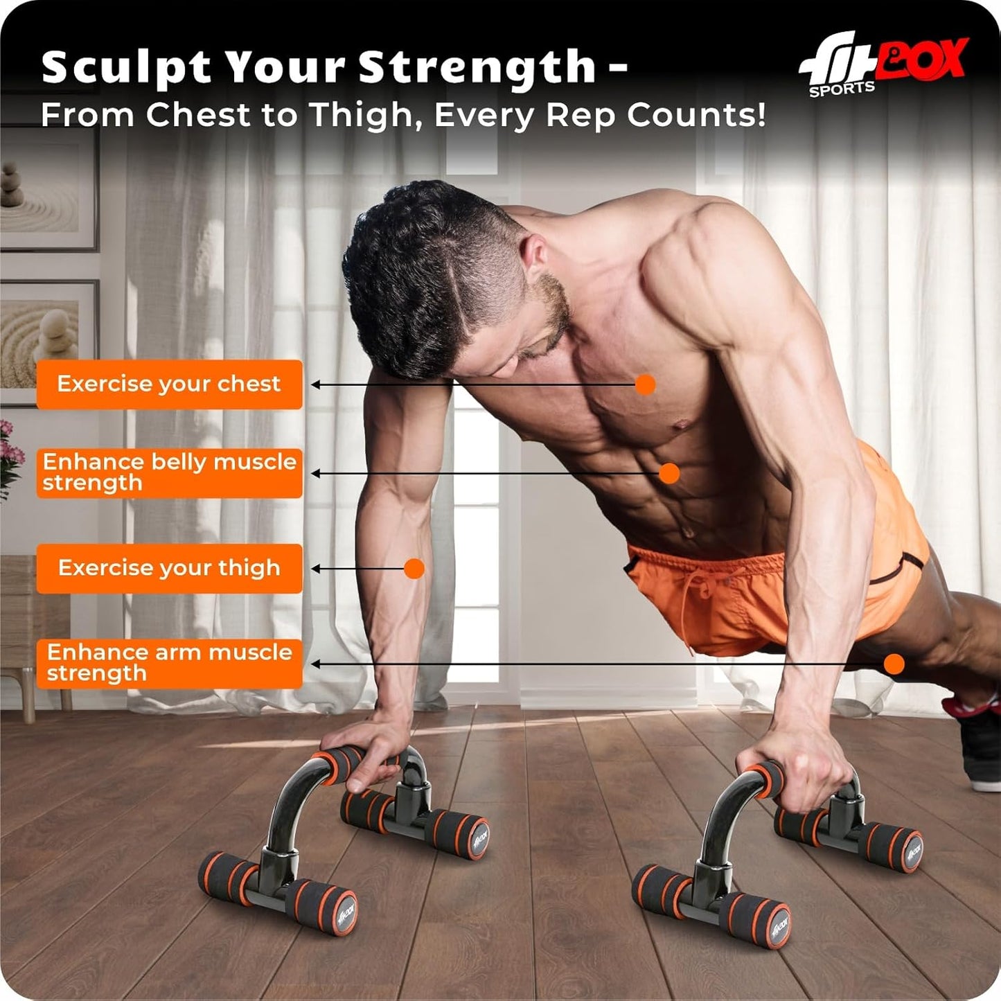 FitBox Sports Push-Up Bars Stand with Non-Slip Handles | Cushioned Foam Grip | Sturdy and Compact Push Up Handles for Strength Training – Unisex