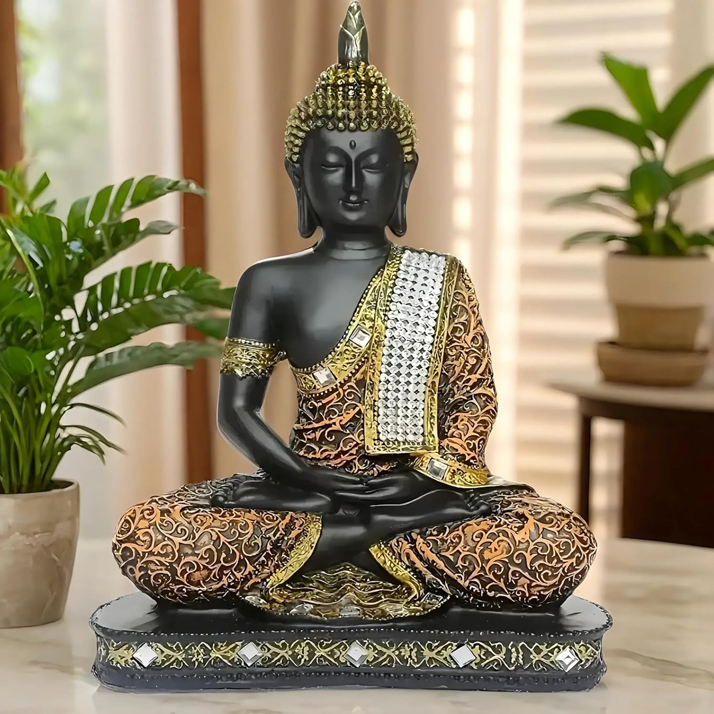 Global Grabbers New 25 Centimetre Meditating Sitting Buddha Statue showpiece Idol Home Decor Items for Living Room and Gifts (1, Orange Black)