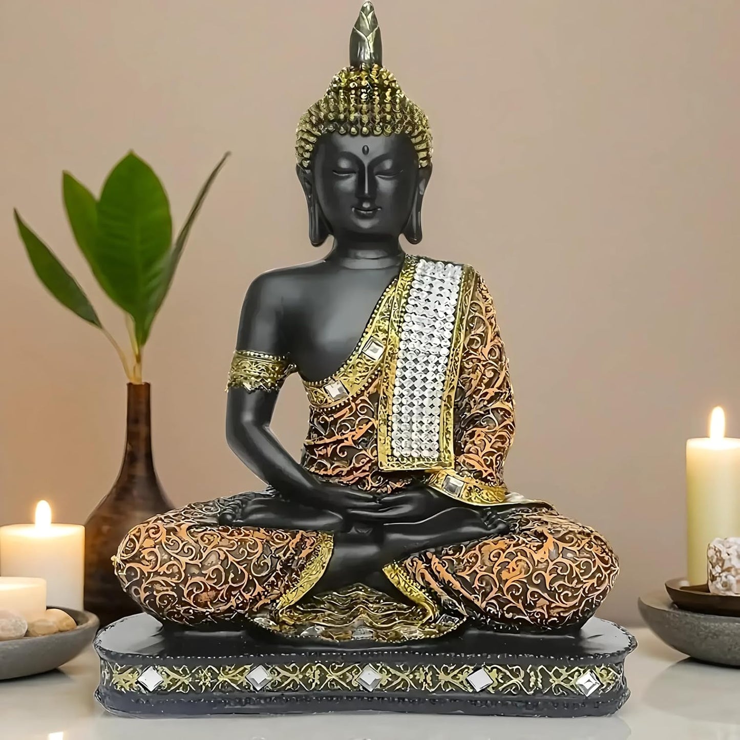 Global Grabbers New 25 Centimetre Meditating Sitting Buddha Statue showpiece Idol Home Decor Items for Living Room and Gifts (1, Orange Black)
