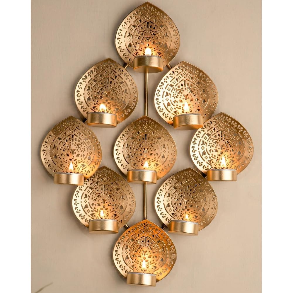 Golden Leaf Metal Tealight Holder – 9 Candle Wall Hanging for Home Decor