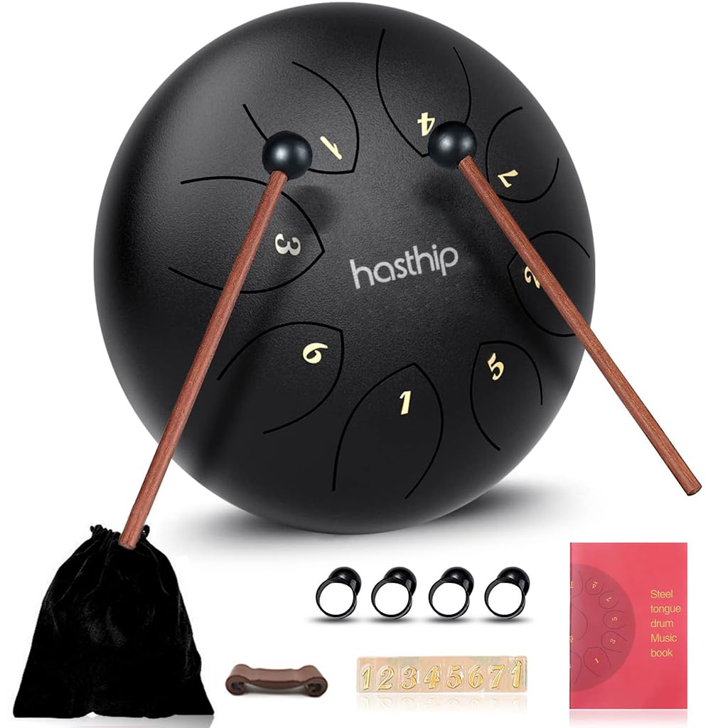 HASTHIP® Steel Tongue Drum 8 Note, 6 Inch | Black | Handpan Drum with Bag, Mallets & Music Book – Ideal for Meditation, Yoga, Musical Education & Healing