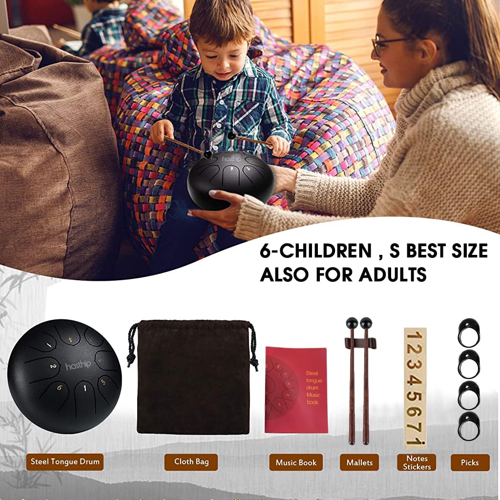 HASTHIP® Steel Tongue Drum 8 Note, 6 Inch | Black | Handpan Drum with Bag, Mallets & Music Book – Ideal for Meditation, Yoga, Musical Education & Healing
