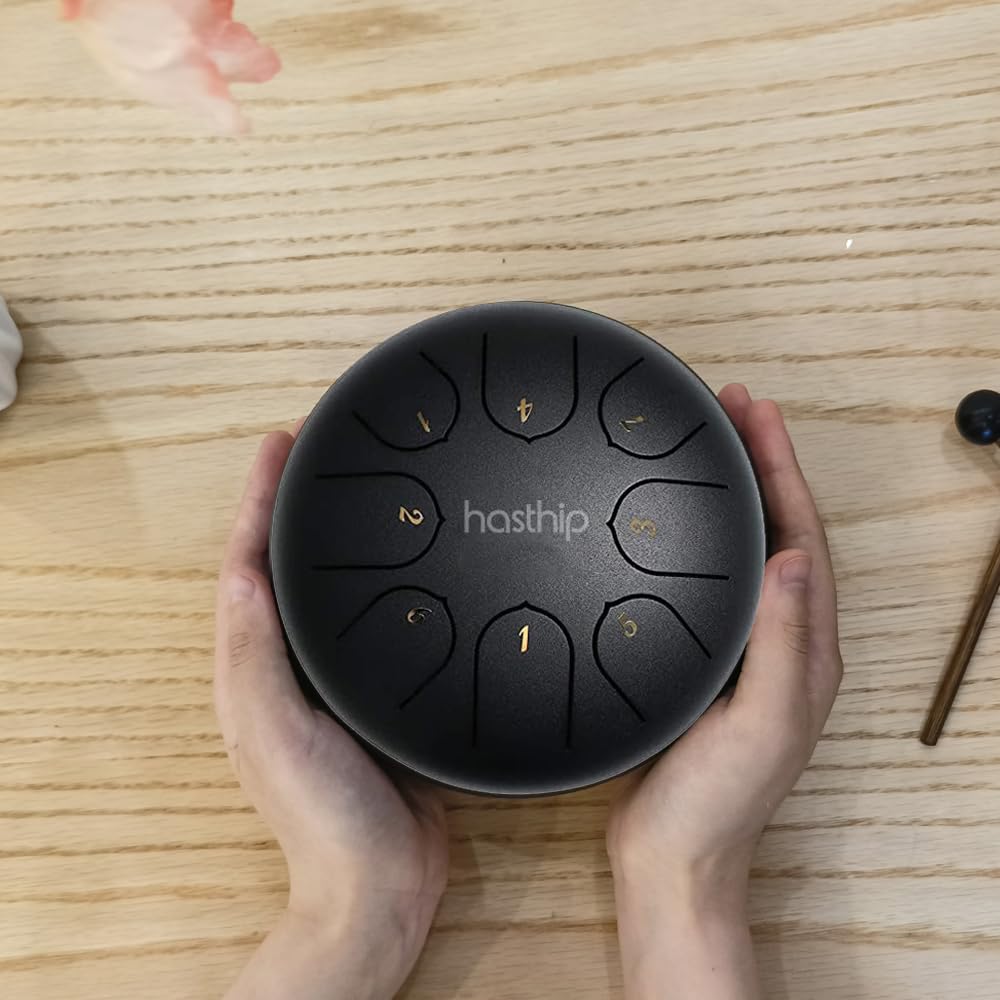 HASTHIP® Steel Tongue Drum 8 Note, 6 Inch | Black | Handpan Drum with Bag, Mallets & Music Book – Ideal for Meditation, Yoga, Musical Education & Healing