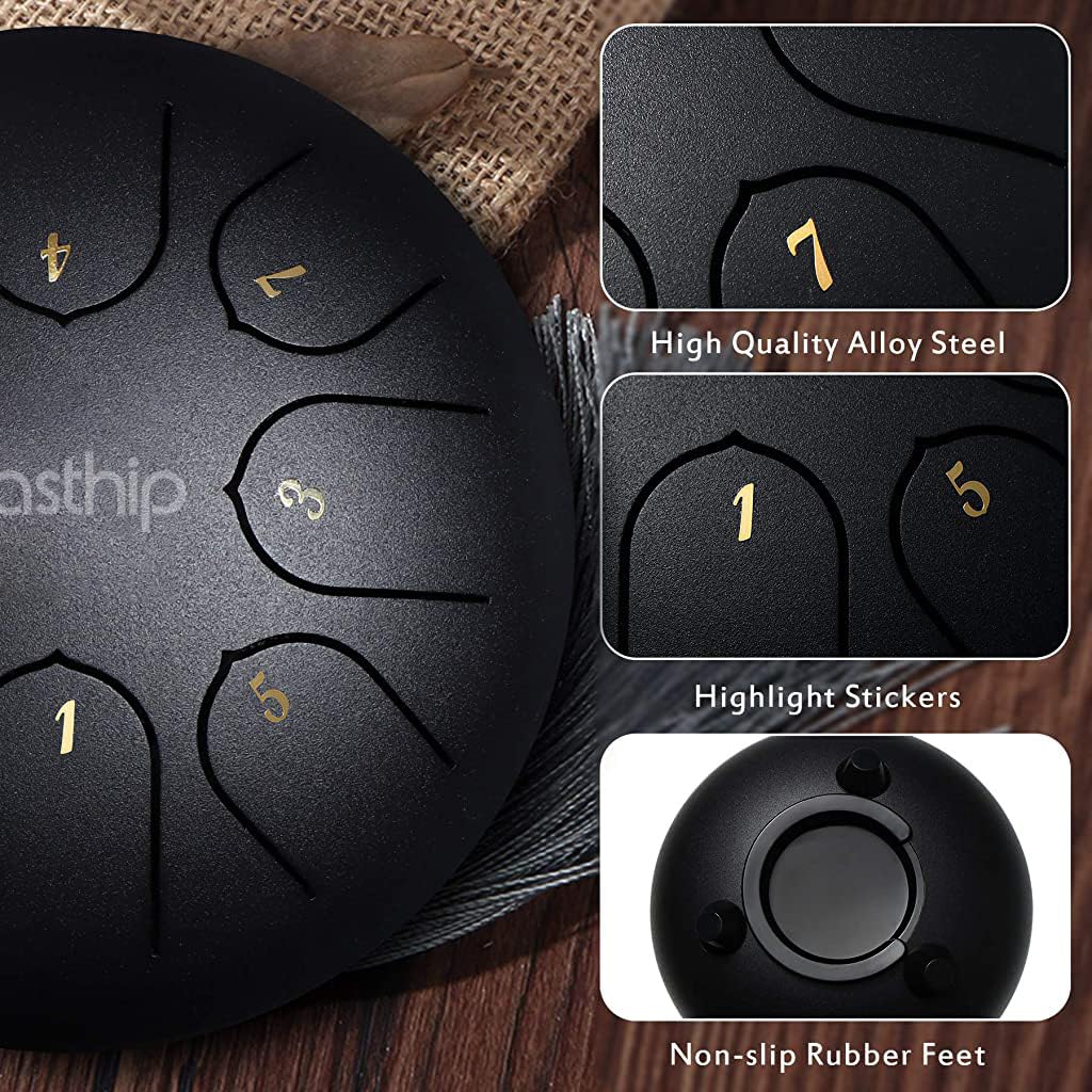 HASTHIP® Steel Tongue Drum 8 Note, 6 Inch | Black | Handpan Drum with Bag, Mallets & Music Book – Ideal for Meditation, Yoga, Musical Education & Healing