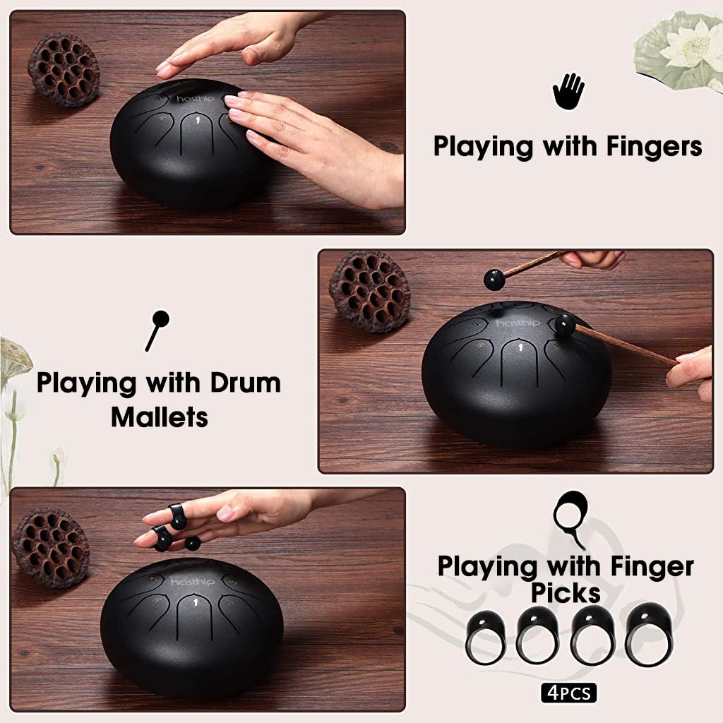 HASTHIP® Steel Tongue Drum 8 Note, 6 Inch | Black | Handpan Drum with Bag, Mallets & Music Book – Ideal for Meditation, Yoga, Musical Education & Healing